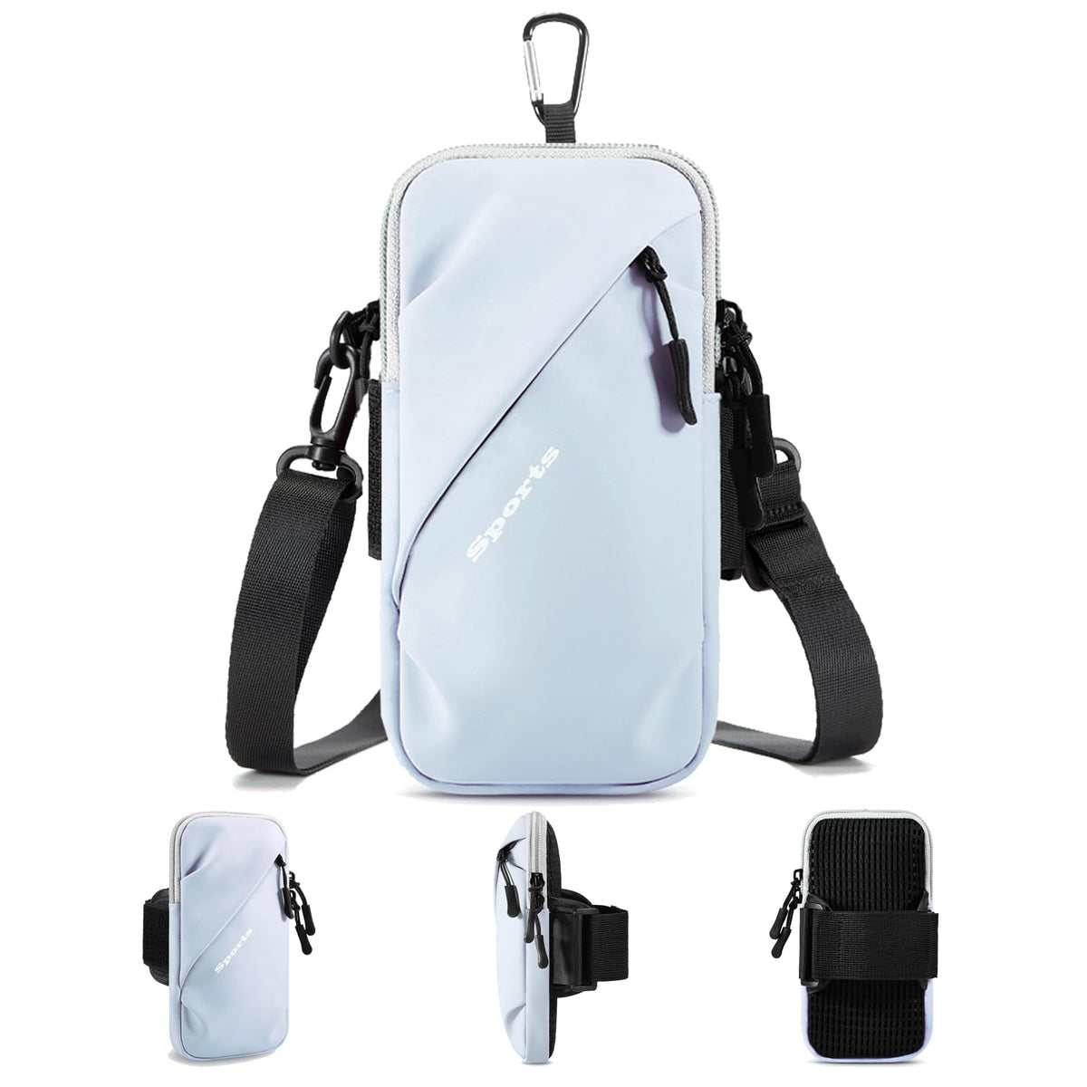 Universal Running Phone Arm Band – Waterproof, Dual Pocket, Adjustable Strap, Breathable Mesh, Fits Phones Up to 6.7 Inches, Crossbody & Waist Clip (Light Blue)