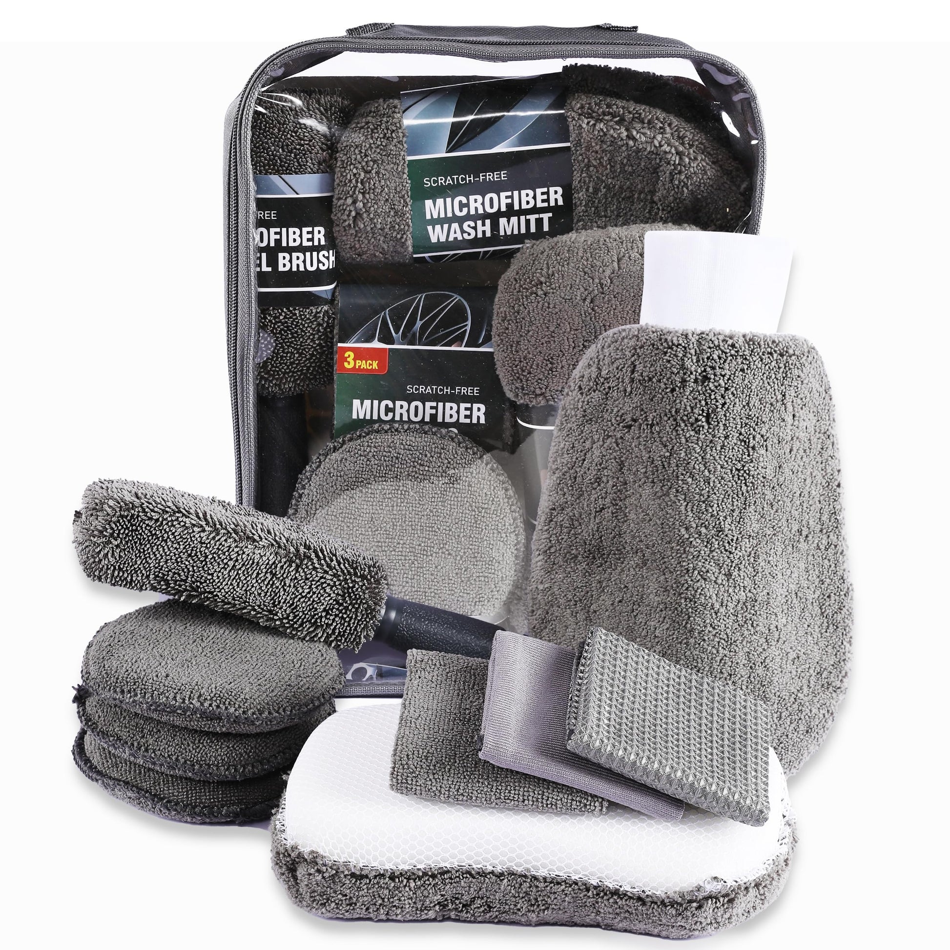 Multi-Use Car Cleaning Kit – 9-Piece Auto Detailing Set with Wash Mitt, Wheel Brush, Microfiber Cloths, Sponge, Applicator Pads, Storage Bag (Gray)
