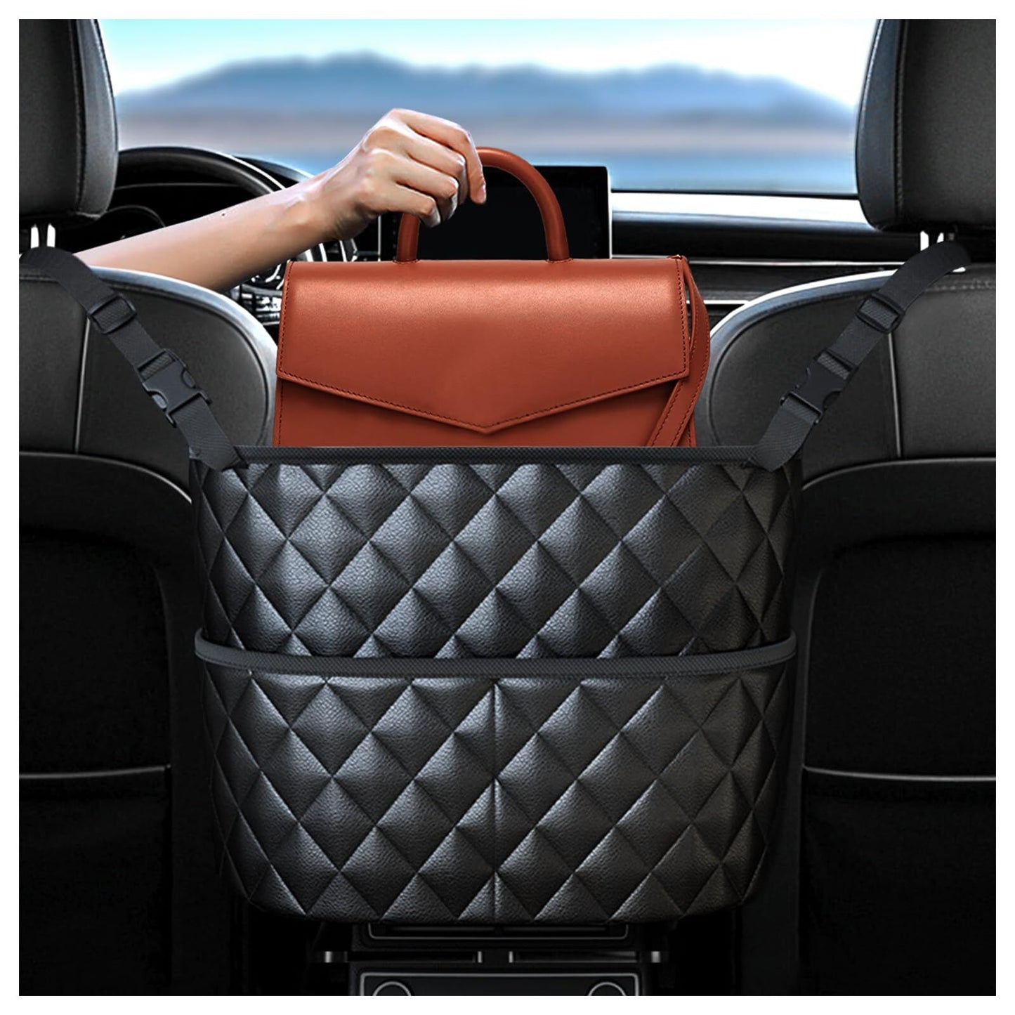 Car Seat Storage Bag: PU Leather Organizer with Hooks – Pet Barrier, Safe Driving Storage for Wallets/Phones (Black)