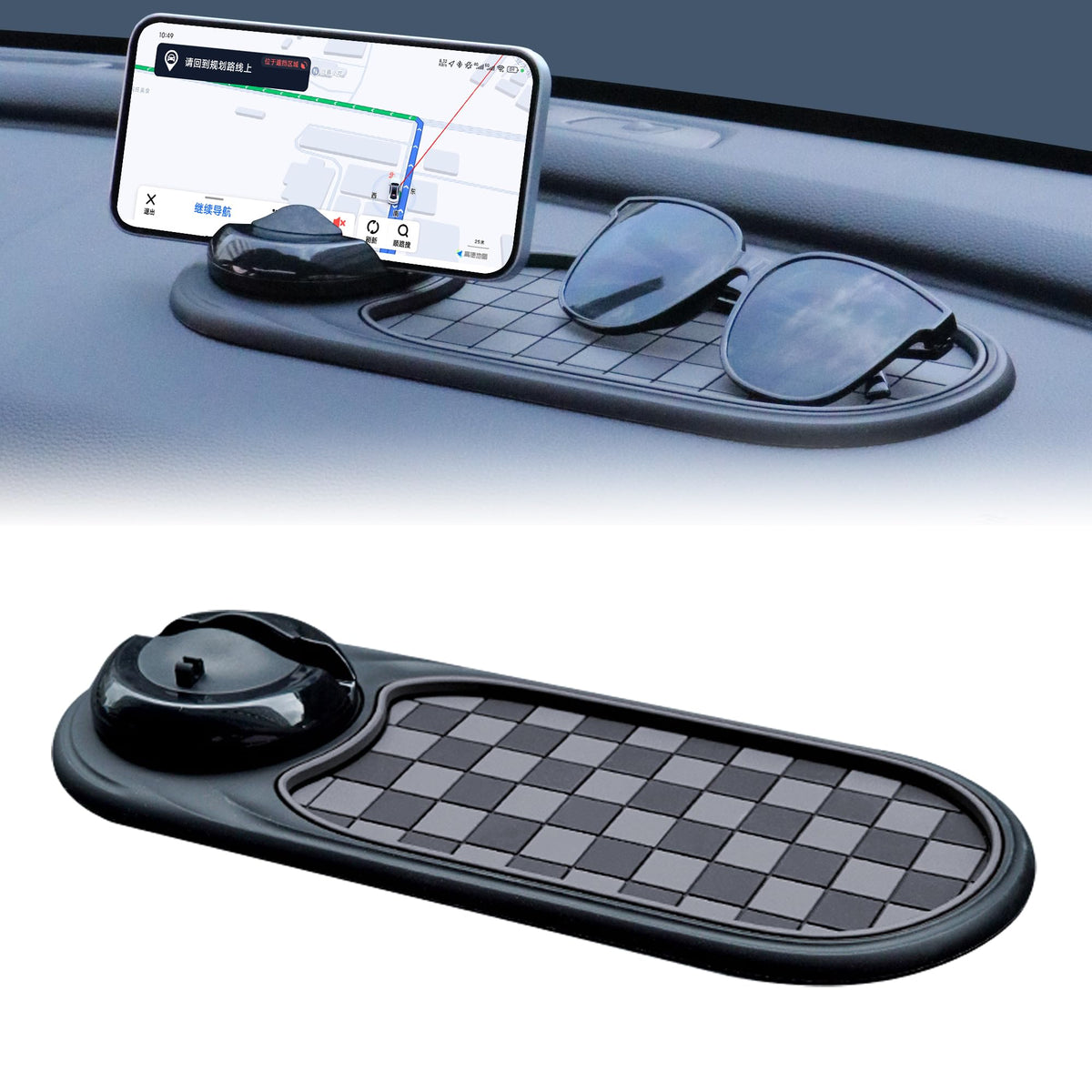 2-in-1 Car Dashboard Anti-Slip Mat with 360° Rotating Phone Holder – Holds Phone, Sunglasses & Keys, Spring-Clamp Grip, Non-Slip Silicone, Universal Fit (Grey- Black)