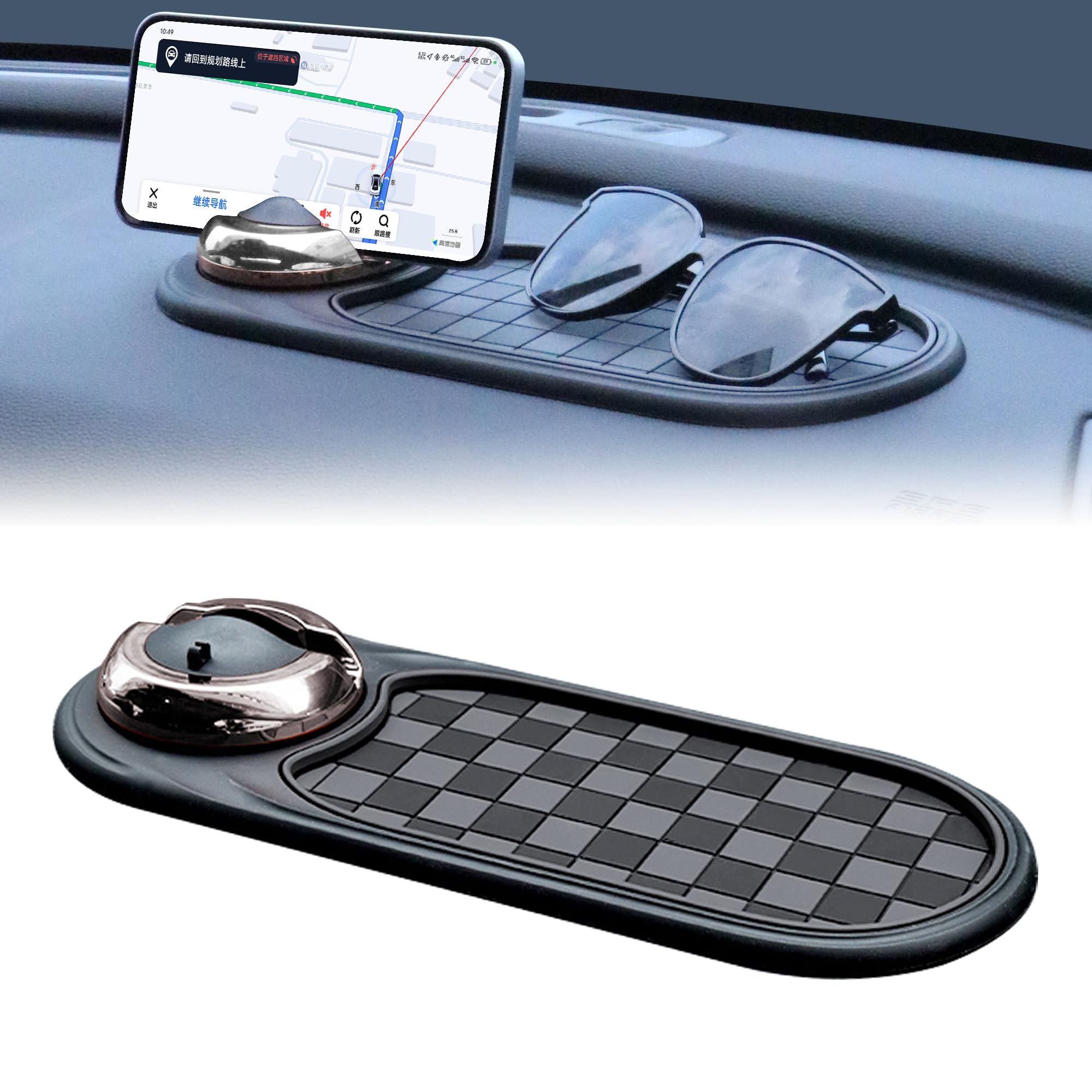 2-in-1 Car Dashboard Anti-Slip Mat with 360° Rotating Phone Holder – Holds Phone, Sunglasses & Keys, Spring-Clamp Grip, Non-Slip Silicone, Universal Fit (Grey- Silver)