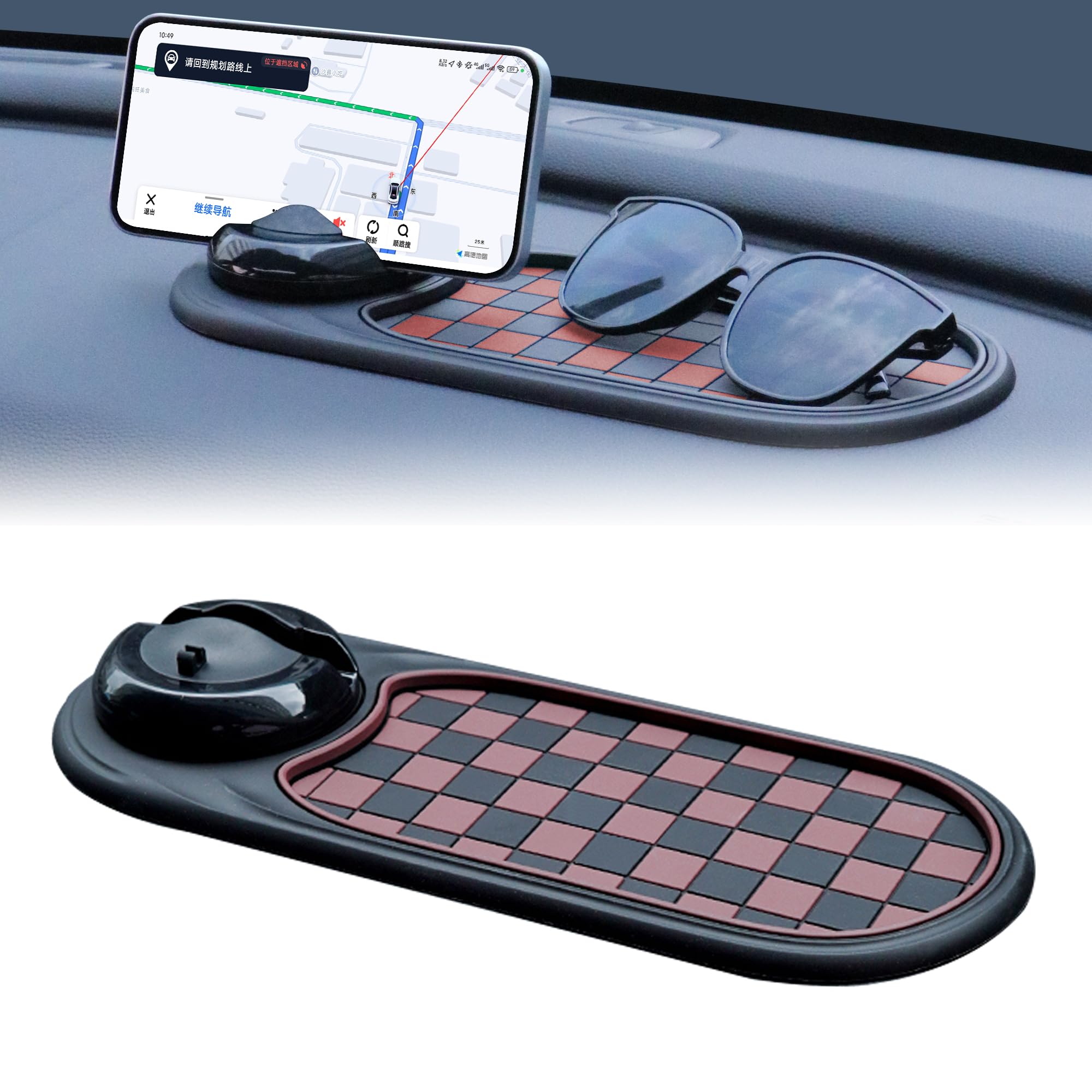 2-in-1 Car Dashboard Anti-Slip Mat with 360° Rotating Phone Holder – Holds Phone, Sunglasses & Keys, Spring-Clamp Grip, Non-Slip Silicone, Universal Fit (Brown- Black)