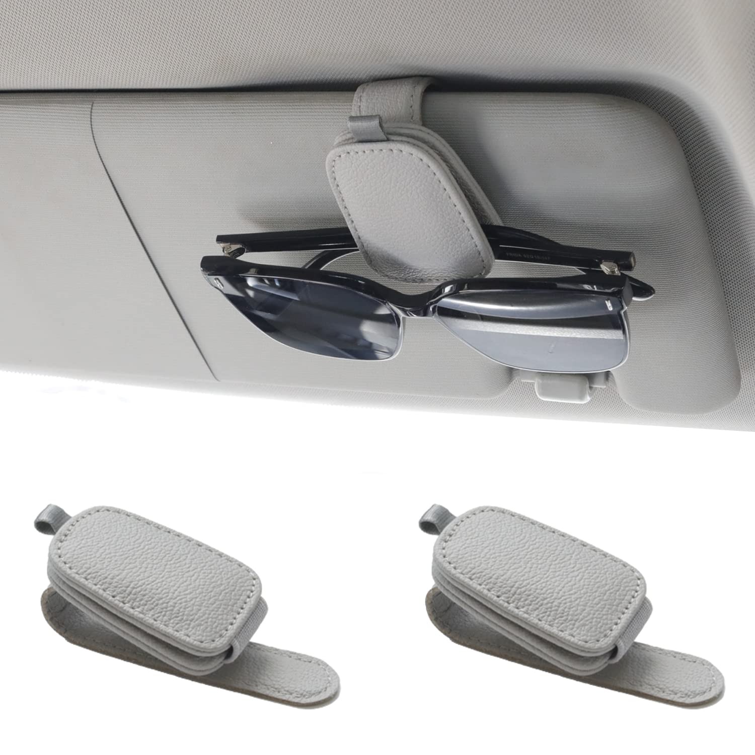 2-Pack Car Sun Visor Sunglasses Holder – Magnetic Flip Cover, PU Leather Eyewear & Card Organizer, Easy One-Hand Open, Scratch-Free, Universal Fit for All Vehicles (Grey)