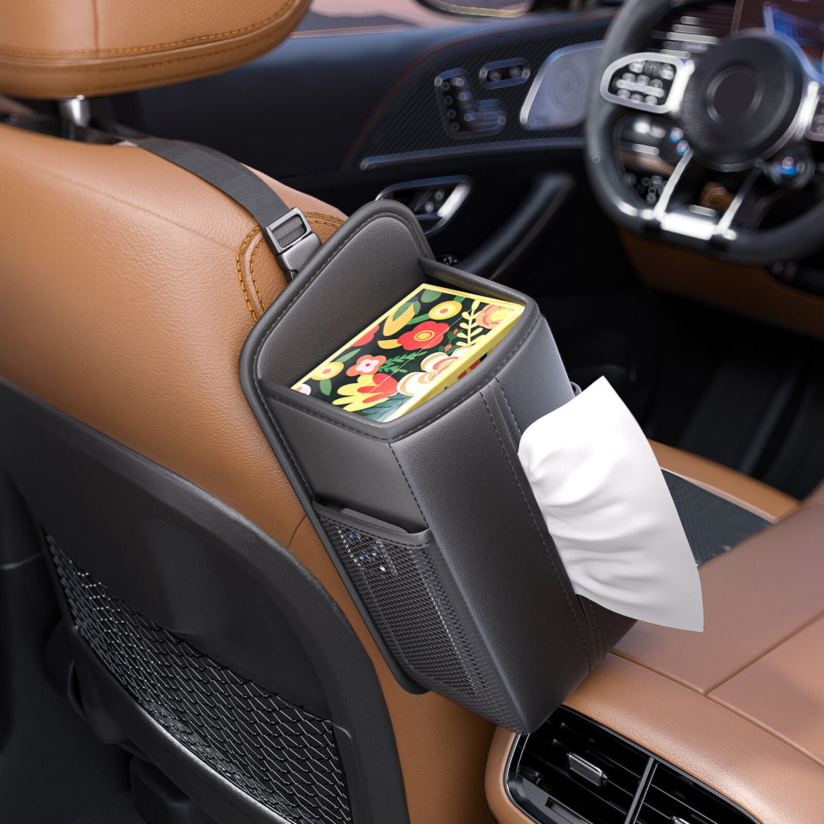 Car Seat Storage Organizer: Side-Mount Tissue Holder with Mesh Pockets – Waterproof Cup/Wallet Organizer for Cars/SUVs (Black)
