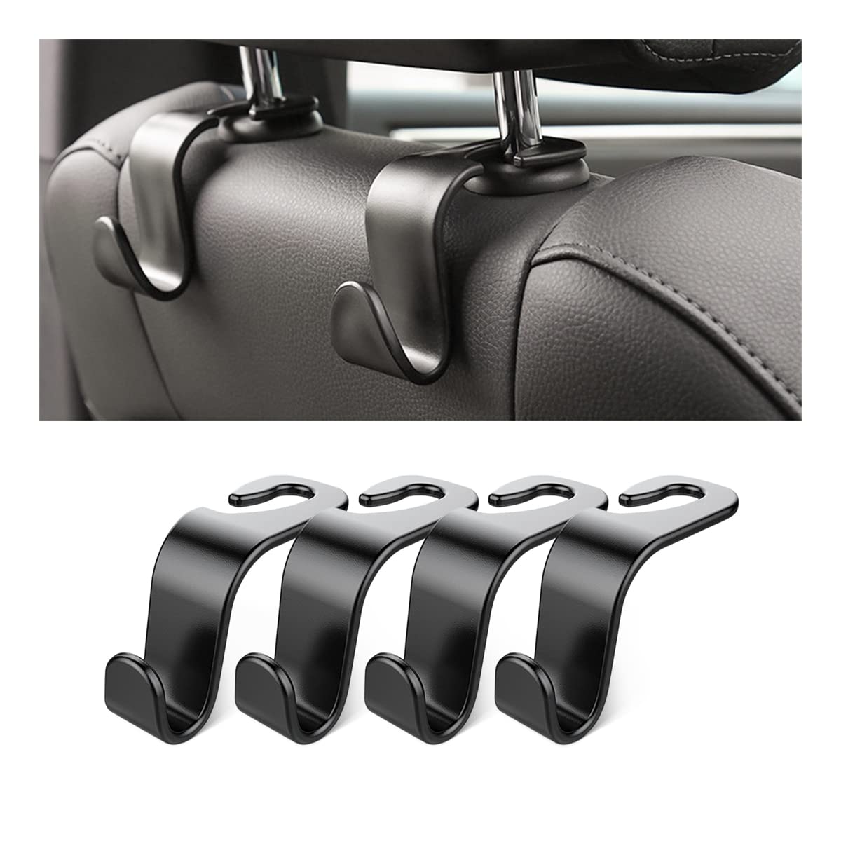 4-Pack Car Headrest Hooks – Heavy-Duty Seat Back Organizers for Handbags, Groceries, Coats & More, Universal Fit, No Tools Needed, Strong & Silent Design (Black)