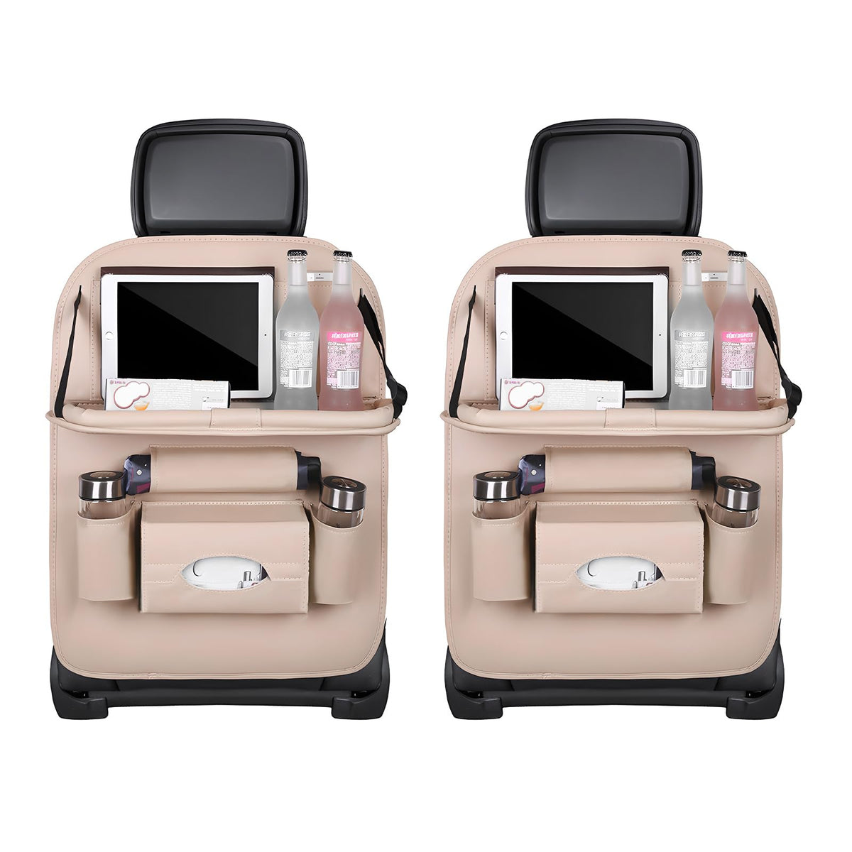 Car Back Seat Organizer with Foldable Table Tray – Universal Rear Seat Storage Bag, Multi-Pocket Holder for Tablet, Drinks & Essentials (Beige)