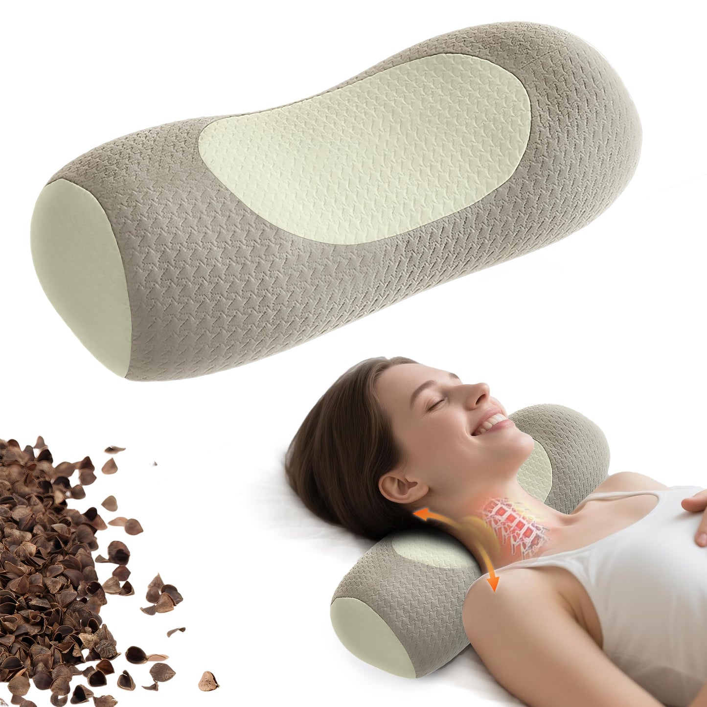 Organic Buckwheat Cervical Pillow – Ergonomic Neck Support for Side and Back Sleepers, Adjustable Firmness with Removable Cover, Natural Pain Relief for Neck and Shoulder Tension (Warm White)