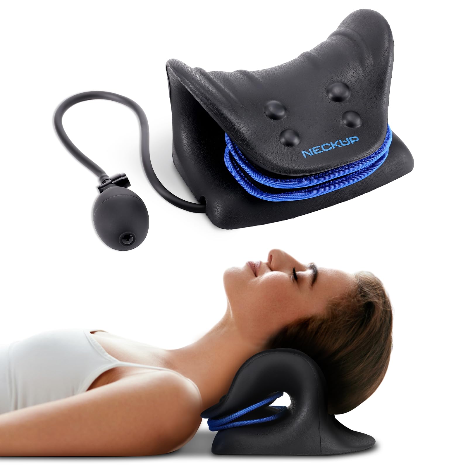 Adjustable Airbag Neck Stretcher – Ergonomic Cervical Traction Pillow with 8 Massage Points for Neck Pain Relief, Portable Spinal Alignment Device for Home, Office, and Travel Use (Black) 