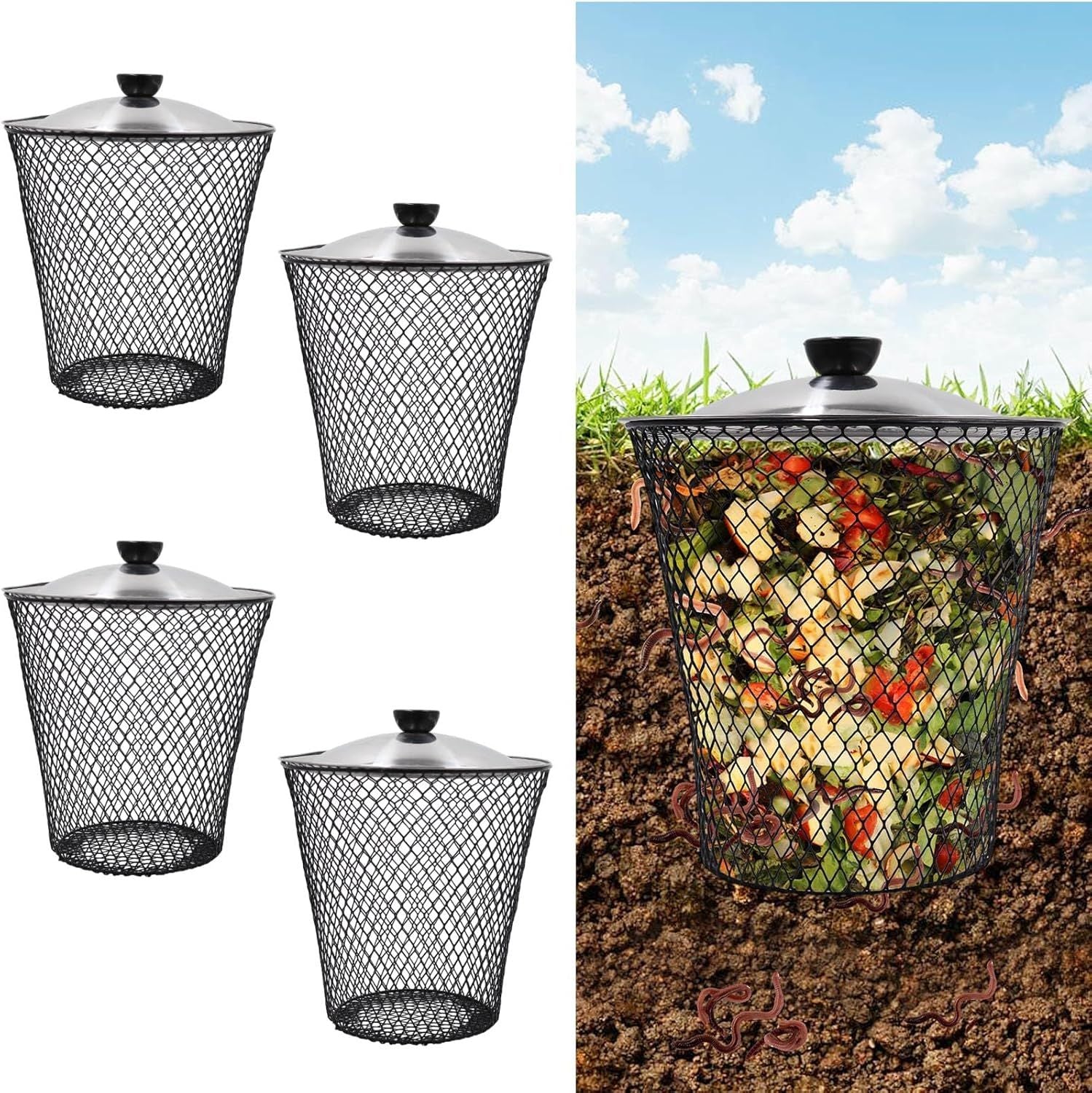 4 Pack Underground Worm Composting Bin with Lid, Metal Mesh Bucket for Organic Waste, Garden Soil Enrichment Tool (Silver)