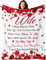 Romantic Rose Print Fleece Blanket for Wife, Soft Cozy Throw for Valentine’s Day Anniversary Christmas Gift, Warm Snuggle Blanket with Love Message (60”*80”)