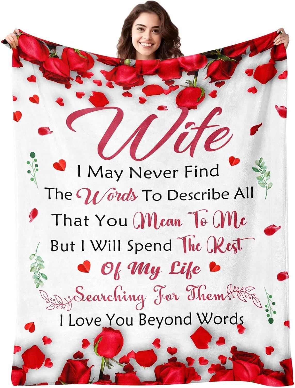 Romantic Rose Print Fleece Blanket for Wife, Soft Cozy Throw for Valentine’s Day Anniversary Christmas Gift, Warm Snuggle Blanket with Love Message (60”*80”)