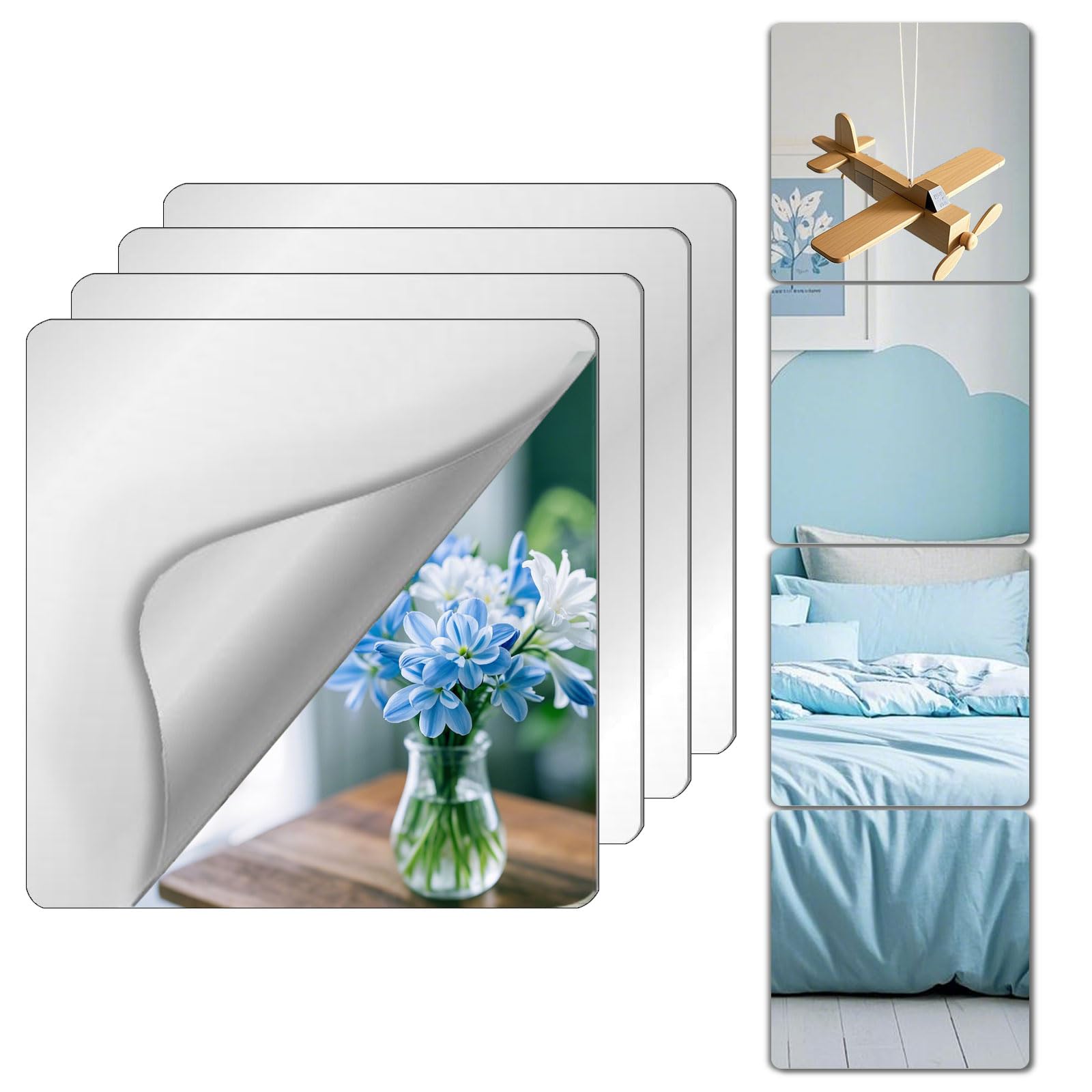 Shatterproof Acrylic Mirror Tiles – 4-Pack Wall Stickers for Kids, Home Gym, Bedroom & Bathroom, Easy Peel-and-Stick Decorative Mirrors with Double-Sided Tape (Silver,16" x 16")