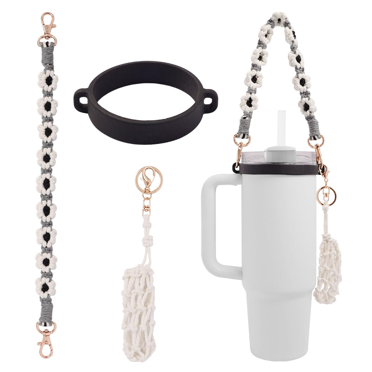 Hand-Woven Flower Water Bottle Strap with Silicone Ring 41cm/16.14 inch – Universal Cup Holder for 14oz, 30oz, and 40oz Stanley Tumblers, Adjustable Shoulder Strap with Rose Gold Clips and Net Pouch (Black)