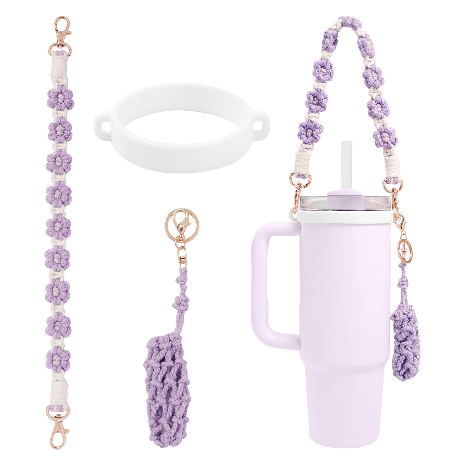 Hand-Woven Flower Water Bottle Strap with Silicone Ring 41cm/16.14 inch – Universal Cup Holder for 14oz, 30oz, and 40oz Stanley Tumblers, Adjustable Shoulder Strap with Rose Gold Clips and Net Pouch (Purple)