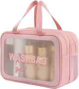 Large Capacity Travel Toiletry Bag with Dual Compartments, Waterproof PVC Cosmetic Organizer for Gym & Business Trips (Pink)