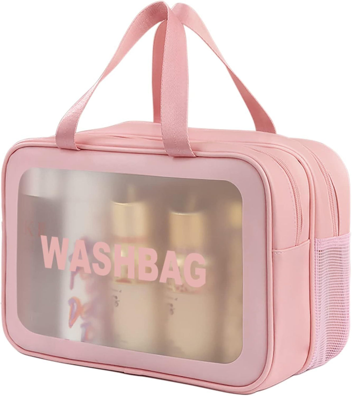 Large Capacity Travel Toiletry Bag with Dual Compartments, Waterproof PVC Cosmetic Organizer for Gym & Business Trips (Pink)