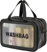 Large Capacity Travel Toiletry Bag with Dual Compartments, Waterproof PVC Cosmetic Organizer for Gym & Business Trips (Black)
