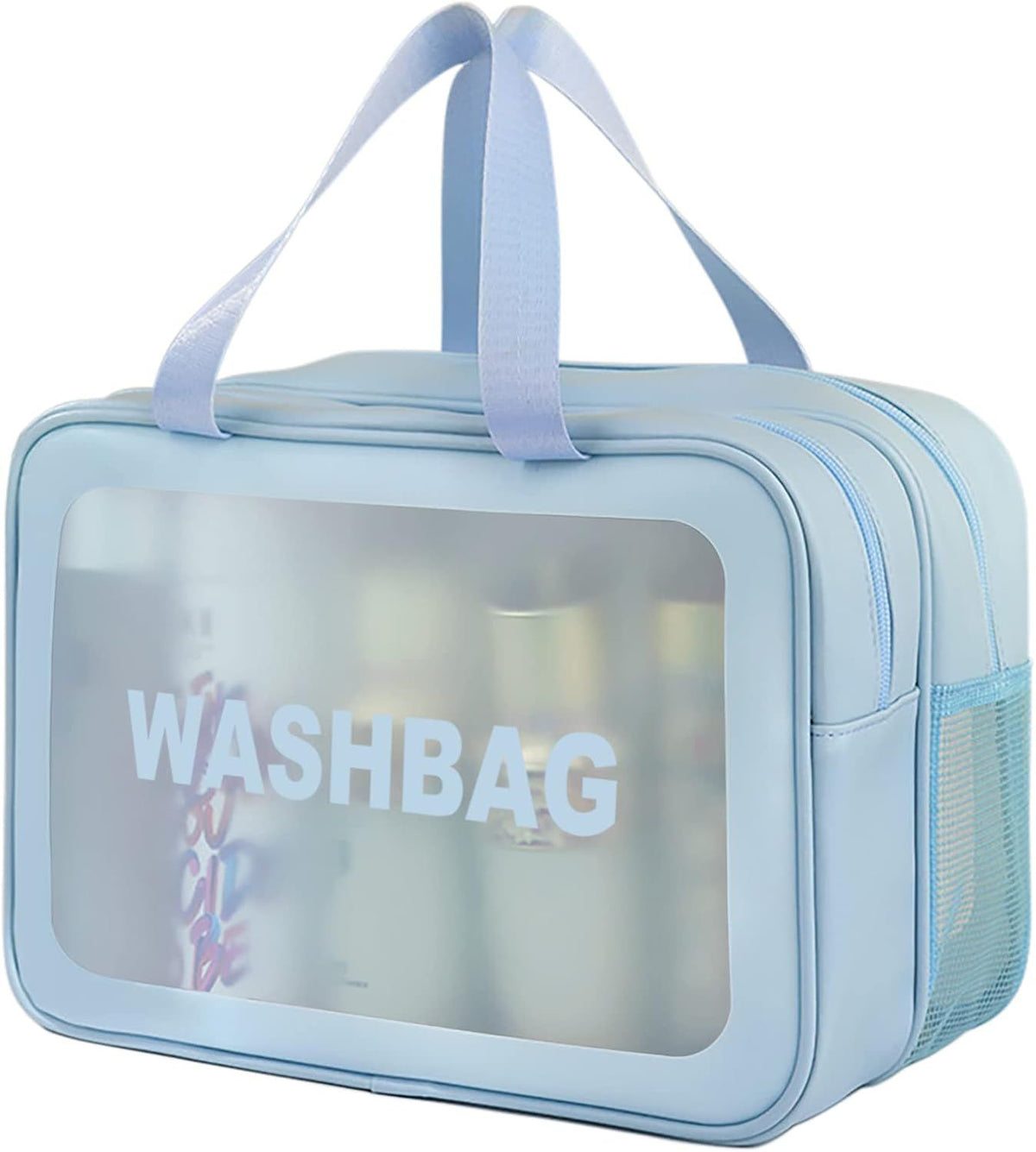 Large Capacity Travel Toiletry Bag with Dual Compartments, Waterproof PVC Cosmetic Organizer for Gym & Business Trips (Blue)