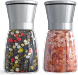 2-Pack Manual Spice Grinders with Adjustable Coarseness, Clear Glass Bodies, Ceramic Grinding Mechanism, and Brushed Stainless Steel Tops—Refillable for Salt, Pepper, Cumin, Herbs, and More—Elegant Kitchen Essentials (Silver)