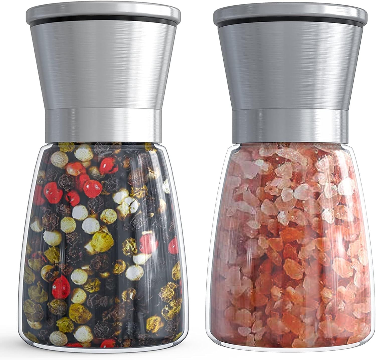 2-Pack Manual Spice Grinders with Adjustable Coarseness, Clear Glass Bodies, Ceramic Grinding Mechanism, and Brushed Stainless Steel Tops—Refillable for Salt, Pepper, Cumin, Herbs, and More—Elegant Kitchen Essentials (Silver)