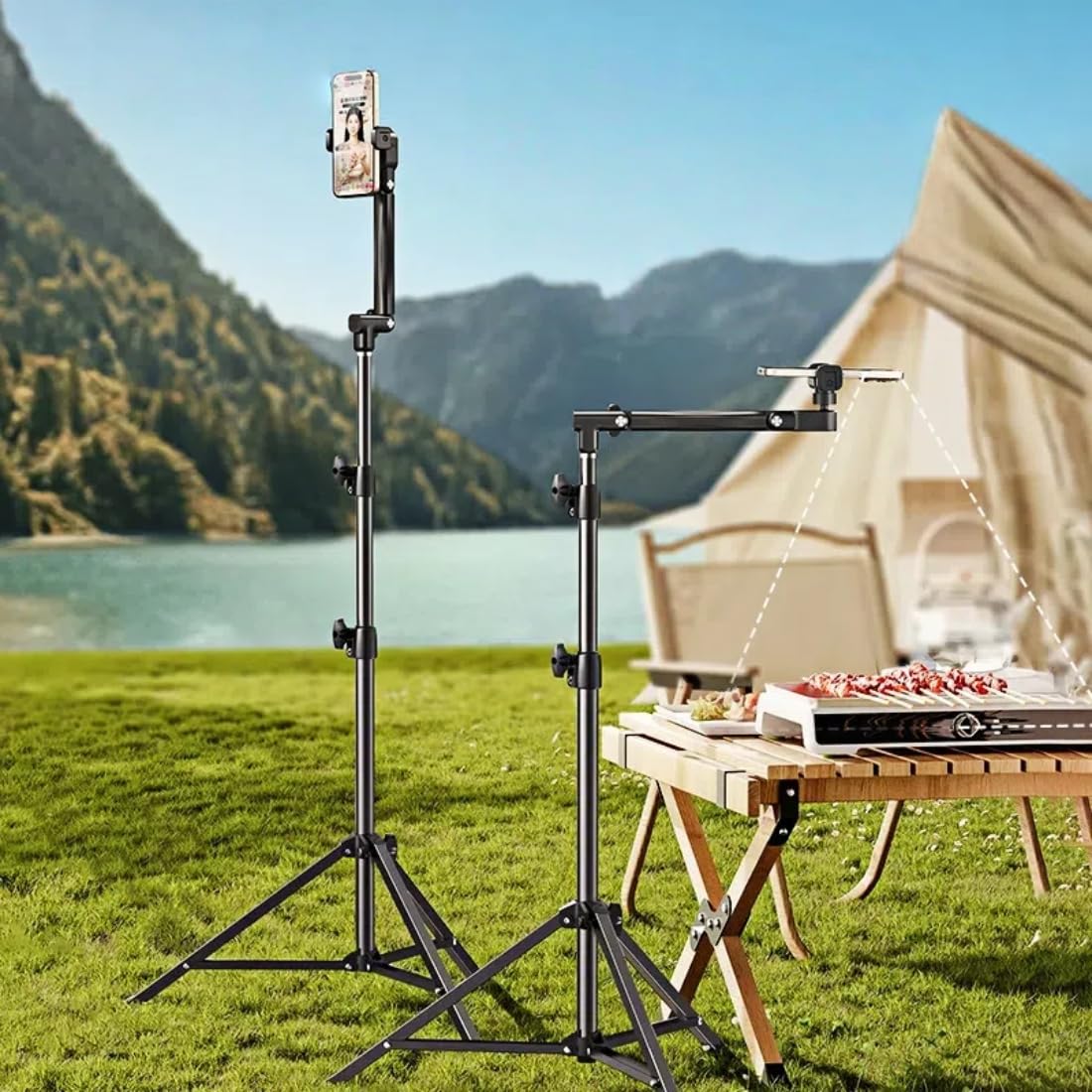 Floor Standing Phone Tripod with Swan Neck Arm – Includes Phone Clamp & Selfie Remote, Multi-Angle Stand for Live Streaming, Food Photography, Vlogging (Black)