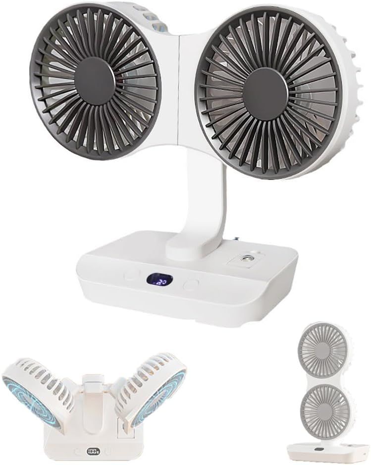 Dual-Head Auto-Oscillating Desktop Fan for Office & Bedroom, USB Rechargeable Portable Cooling with LED Display (White)