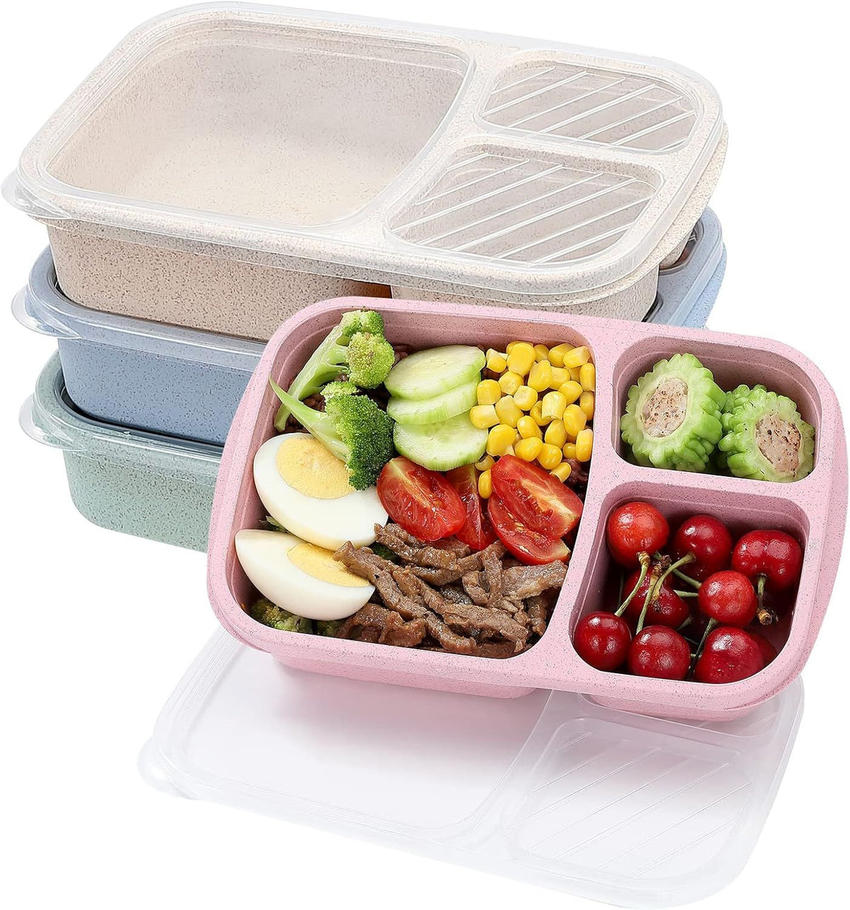 4-Pack Wheat Straw Bento Box Set with 3 Compartments for Meal Prep, Office & School Lunch, Microwave Safe (Pink Green Blue Beige)