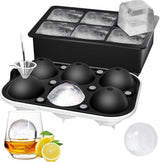 2-Pack Silicone Ice Molds Set: 6-Cavity Sphere & Square Trays with Lid and Funnel—For Whiskey, Cocktails, and Beverages—Flexible Design, Easy Release, Home Bar Essential—Black Finish (Black)
