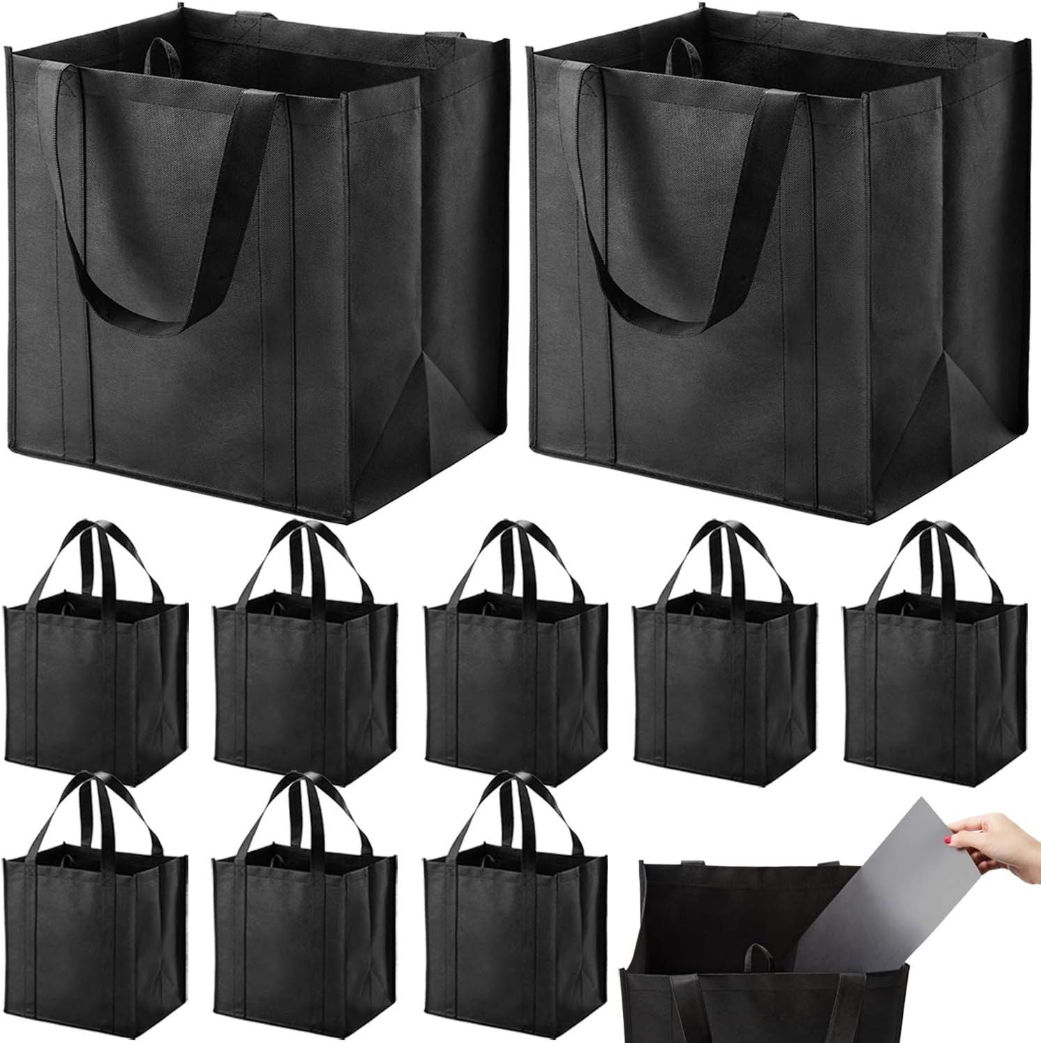 10 Pack Heavy Duty Reusable Grocery Bags with Reinforced Bottom, Large Capacity Shopping Totes for Supermarket & Storage (Black)