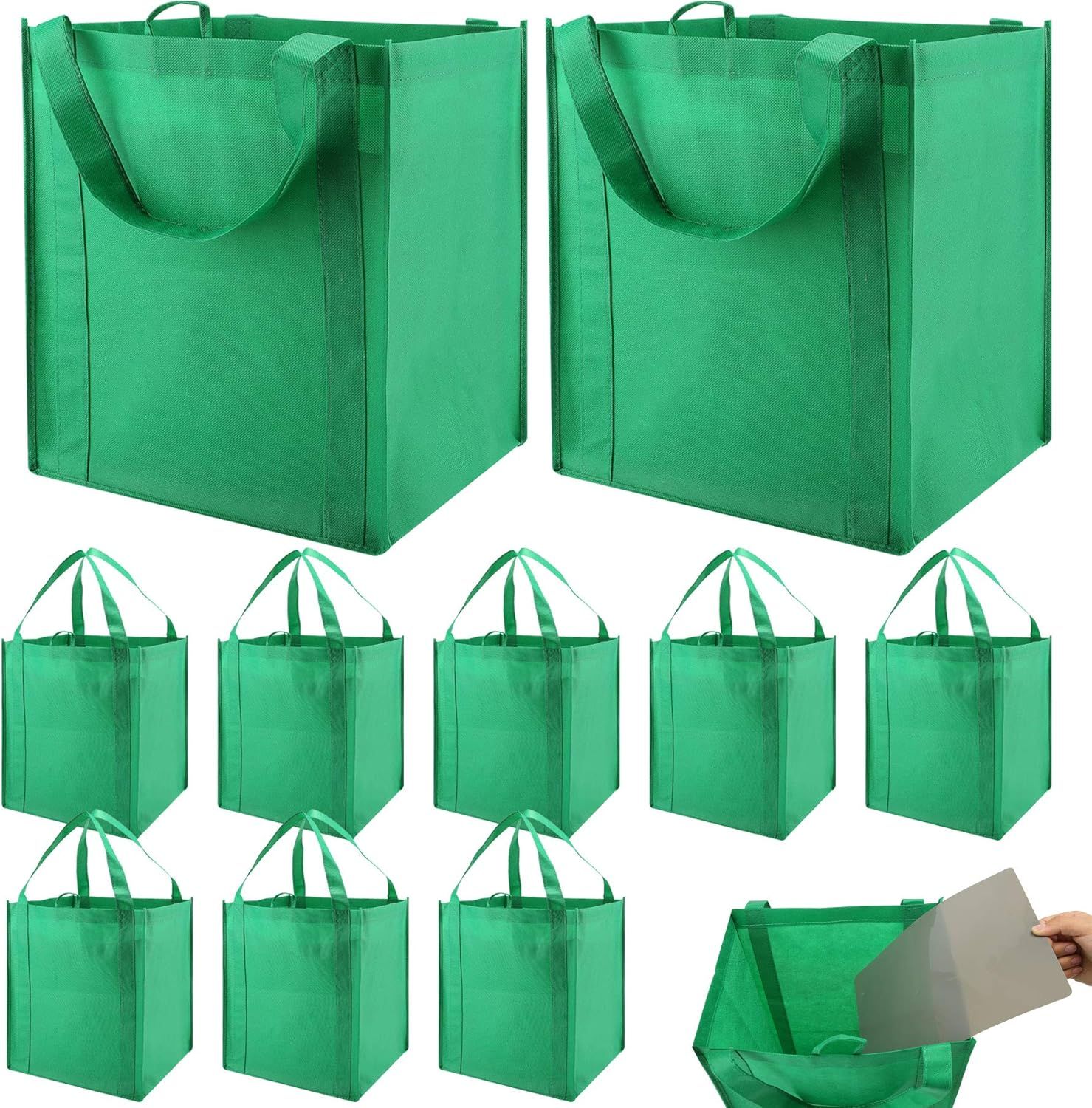 10 Pack Heavy Duty Reusable Grocery Bags with Reinforced Bottom, Large Capacity Shopping Totes for Supermarket & Storage (Green)