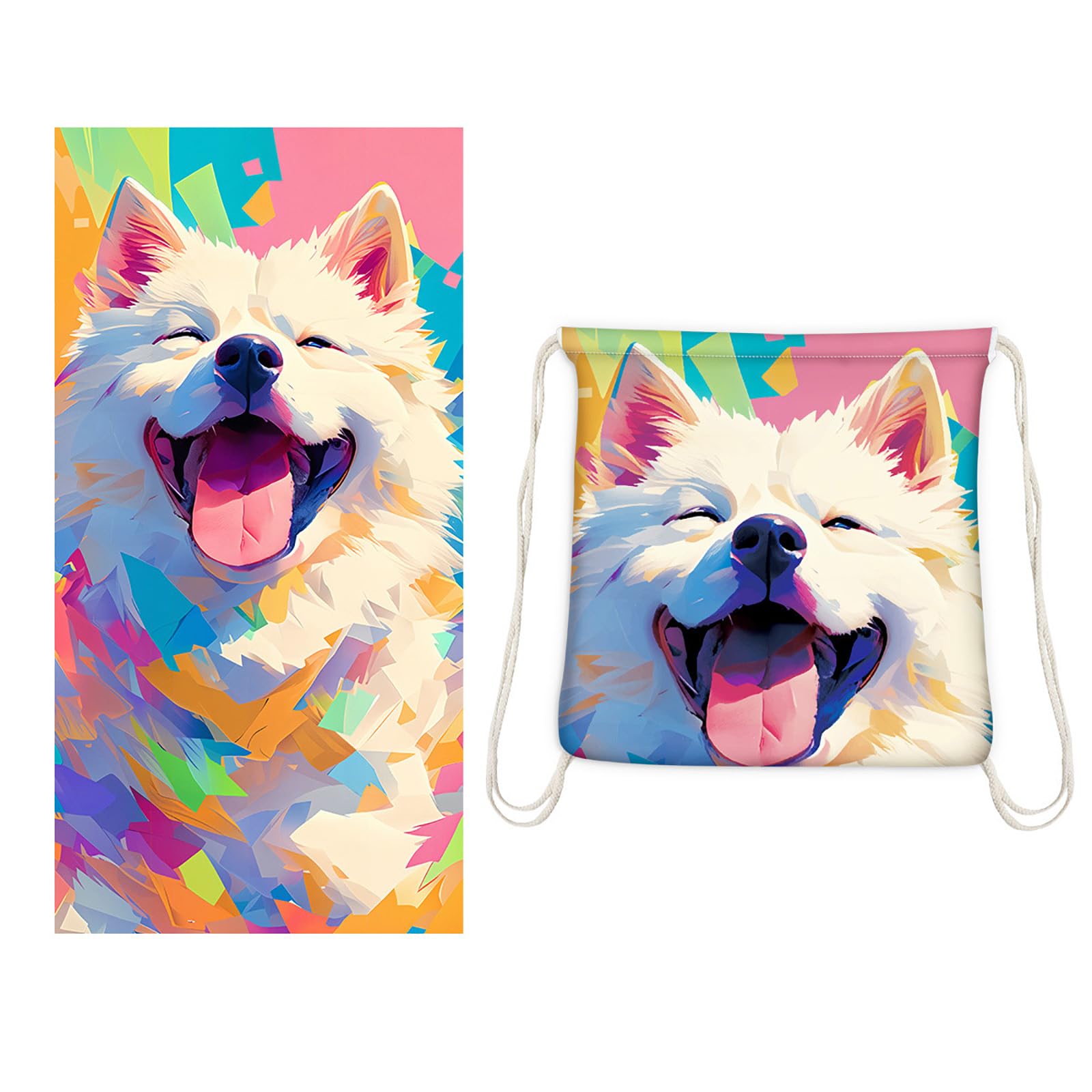 Dual-Function Foldable Beach Towel with Built-in Backpack – Soft Microfiber Towel & Compact Carry Bag in One, 55-Inch Large Size for Swimming, Travel, Picnic (Dog,Colorful) 