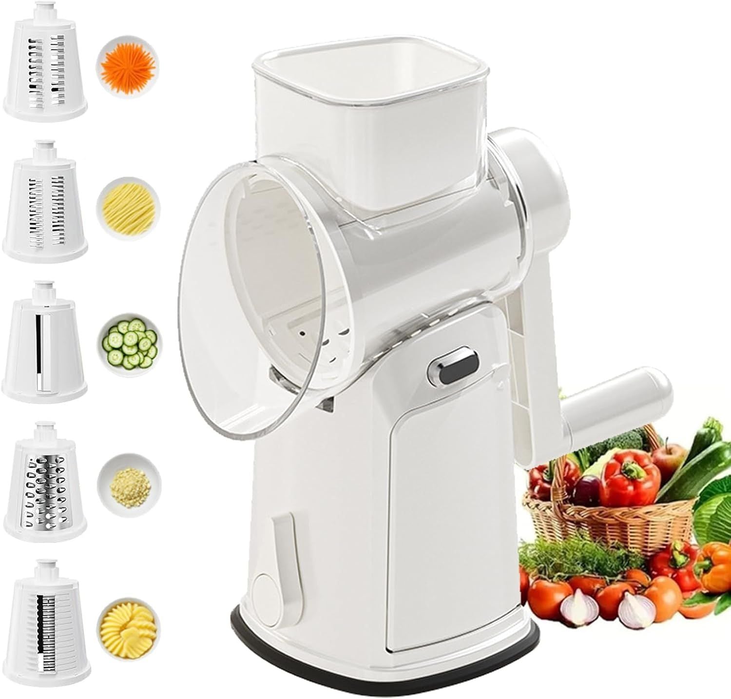 5-in-1 Hand Crank Rotary Vegetable Slicer & Grater with 10 Blades, Hidden Storage Box for Kitchen Food Prep (White)