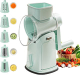 5-in-1 Hand Crank Rotary Vegetable Slicer & Grater with 10 Blades, Hidden Storage Box for Kitchen Food Prep (Green)