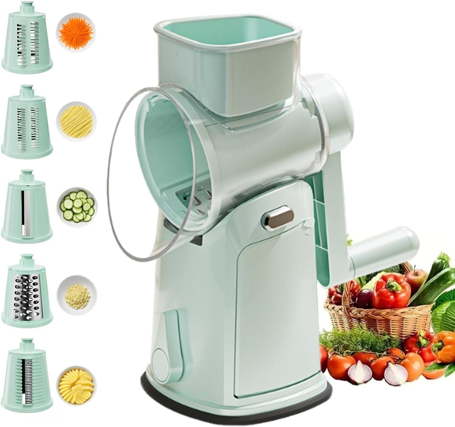 5-in-1 Hand Crank Rotary Vegetable Slicer & Grater with 10 Blades, Hidden Storage Box for Kitchen Food Prep (Green)