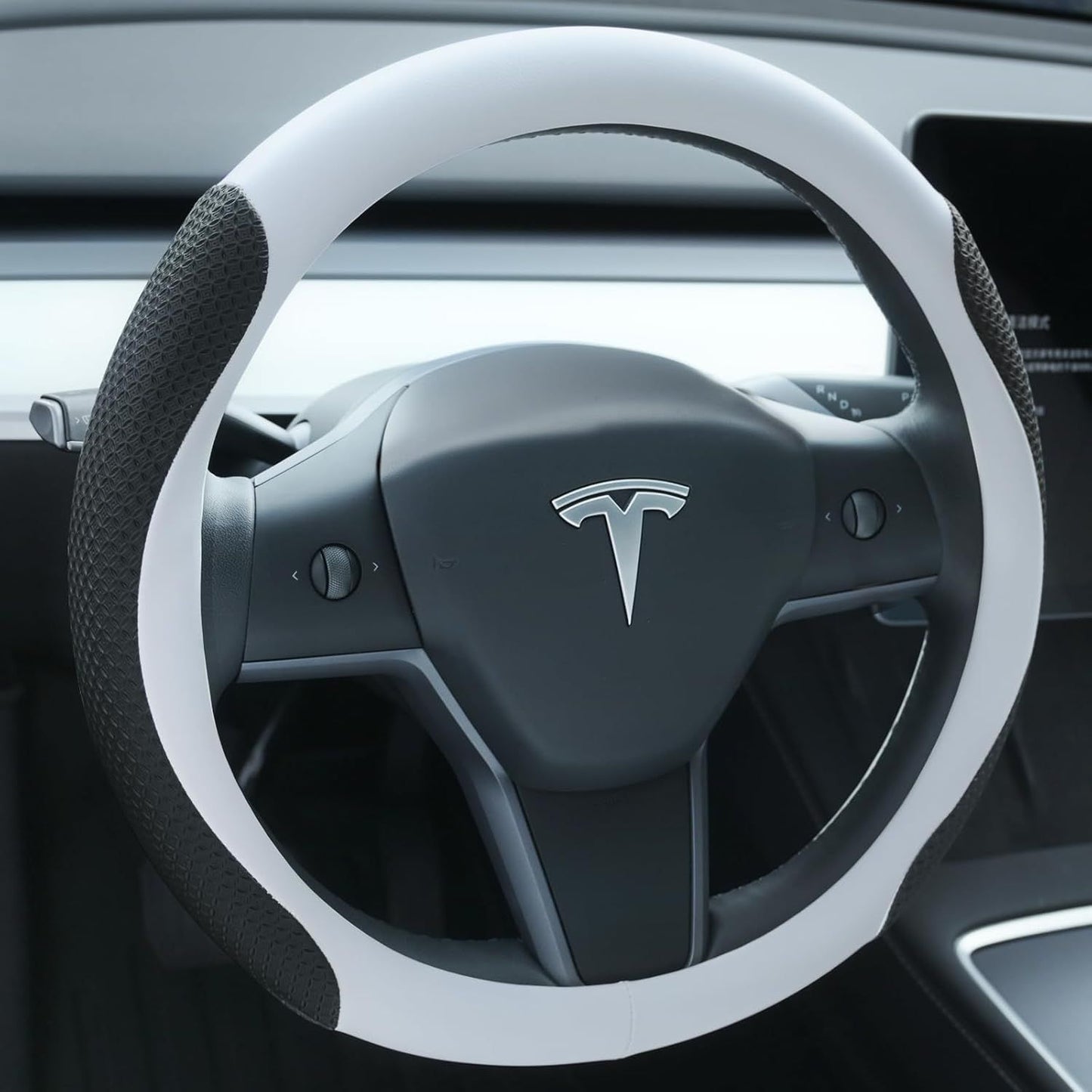 Premium Nappa-Style Steering Wheel Cover for Tesla Model 3 (2016–2025) and Model Y (2020–2026), Two-Tone White & Black, Silicone-Lined, Anti-Slip Grip Zones, Easy Install (White)