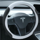 Premium Nappa-Style Steering Wheel Cover for Tesla Model 3 (2016–2025) and Model Y (2020–2026), Two-Tone White & Black, Silicone-Lined, Anti-Slip Grip Zones, Easy Install (White)