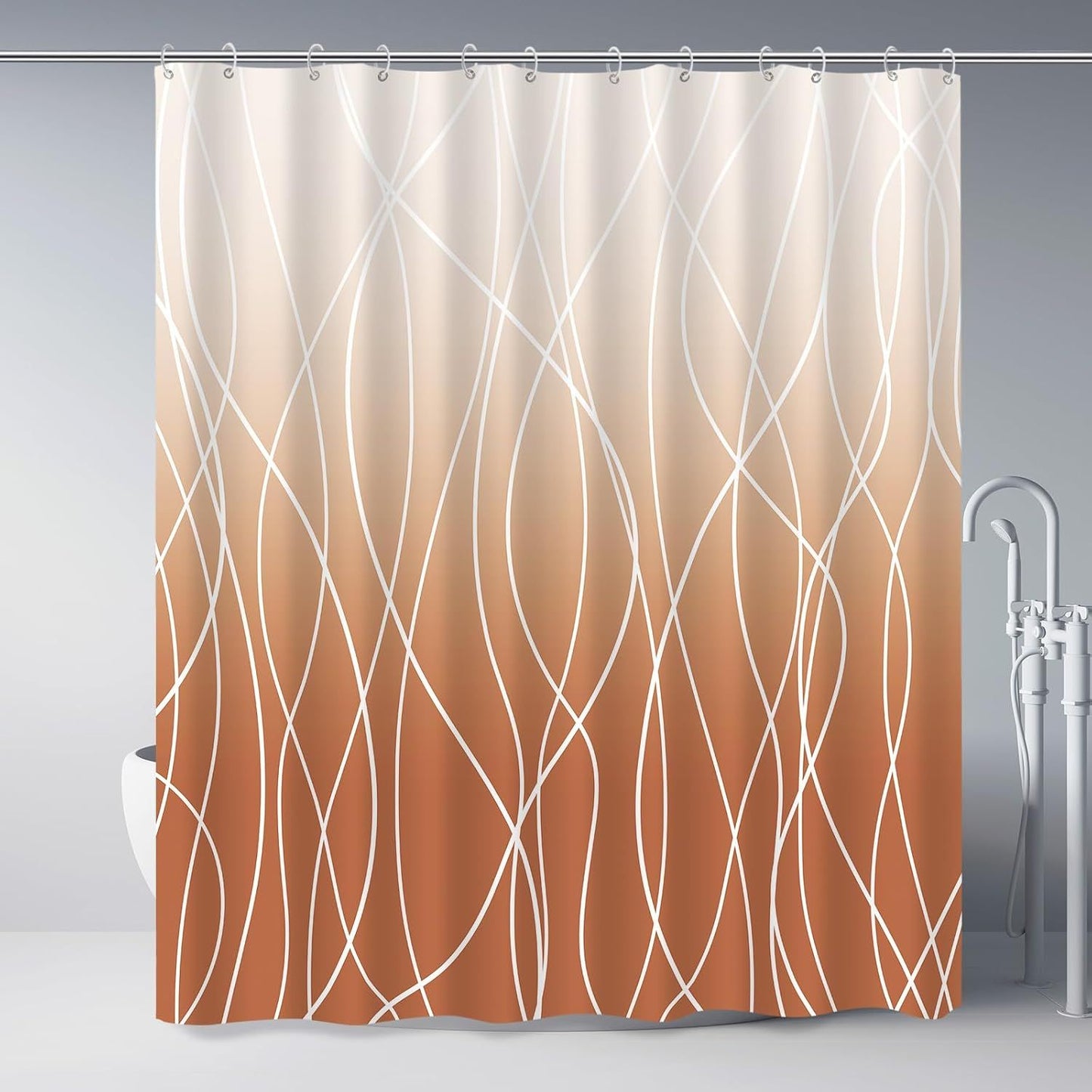Modern Abstract Wavy Line Shower Curtain Set, Waterproof Fabric with Weighted Bottom & 12 Hooks, Hotel Style Bathroom Decor, Gradient Design for Contemporary Bathrooms (Orange)