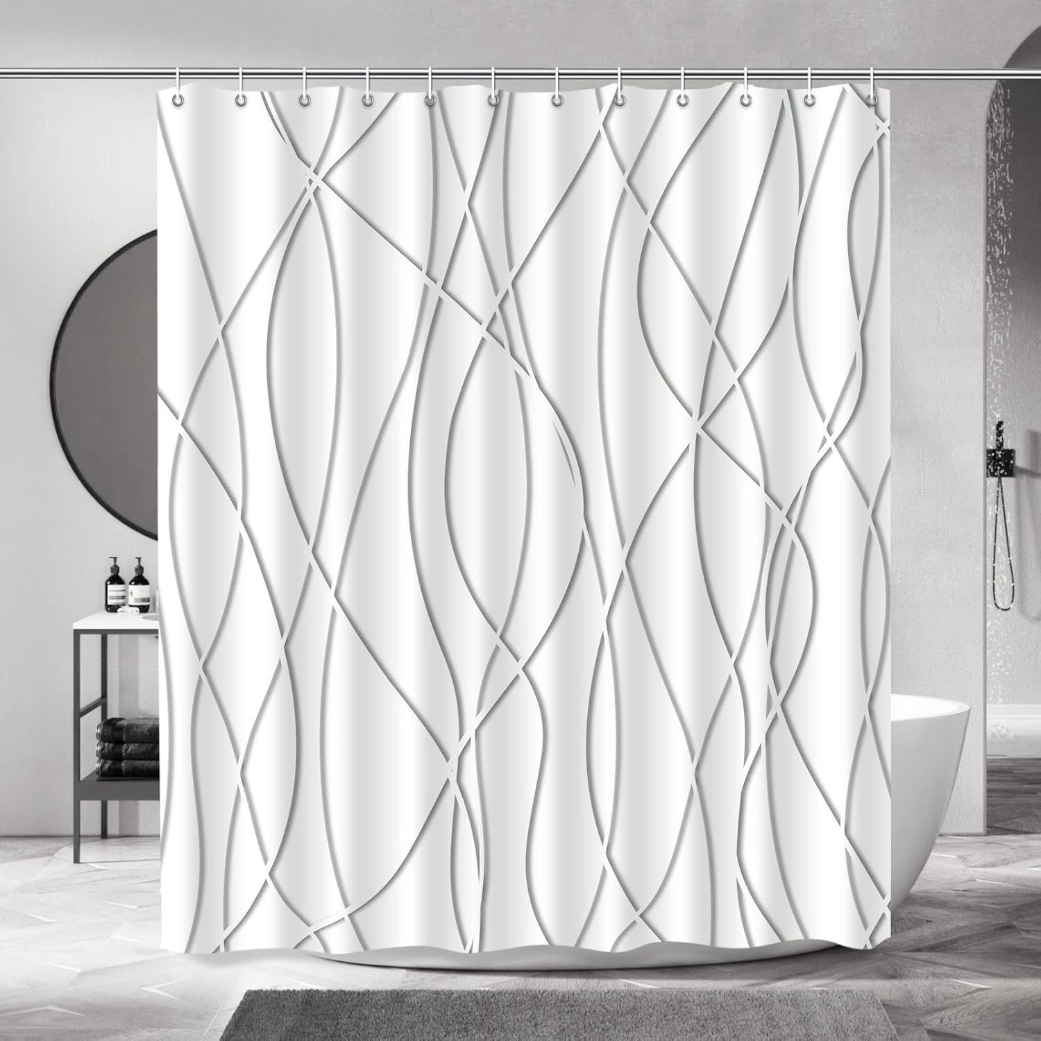 Modern Abstract Wavy Line Shower Curtain Set, Waterproof Fabric with Weighted Bottom & 12 Hooks, Hotel Style Bathroom Decor, Gradient Design for Contemporary Bathrooms (Grey)