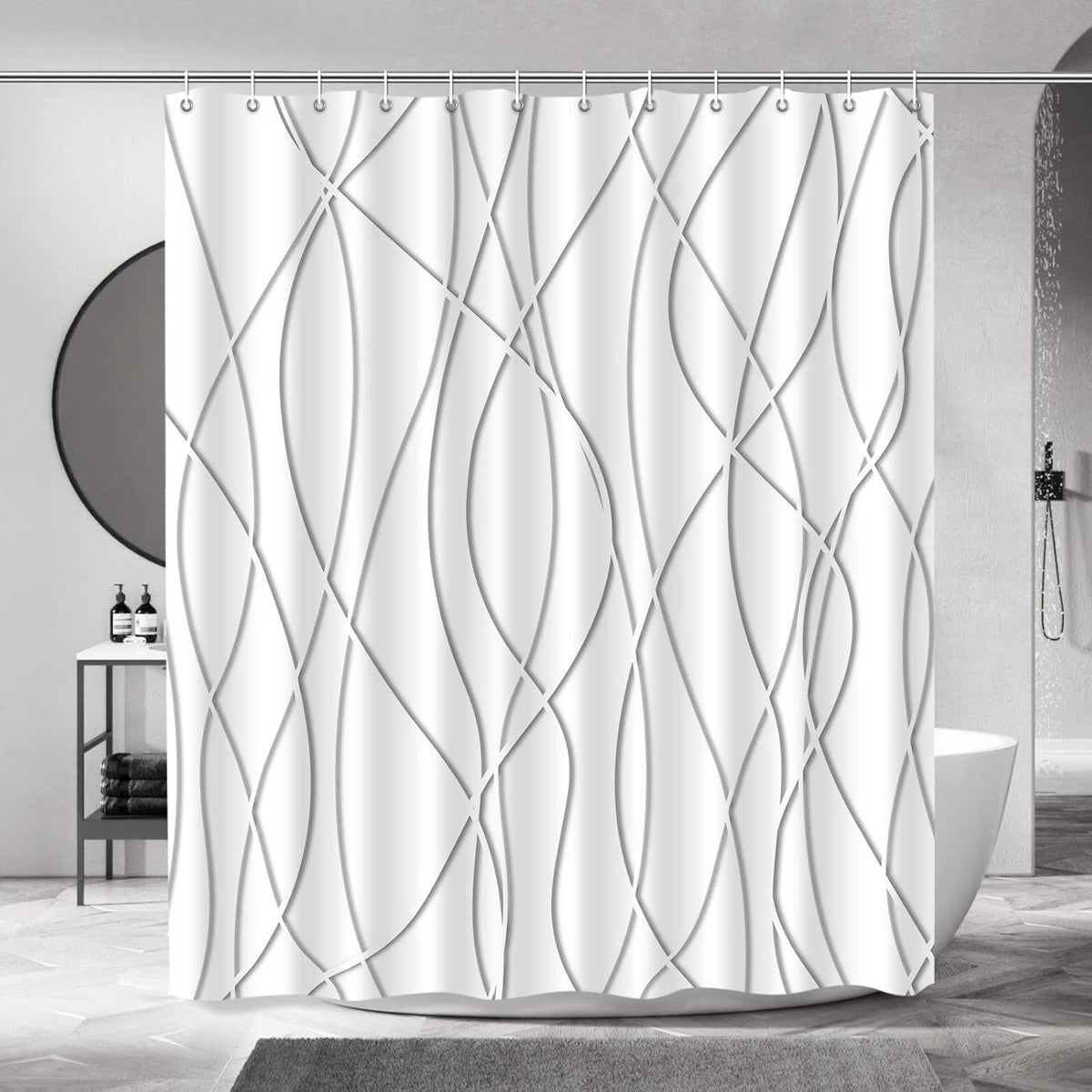 Modern Abstract Wavy Line Shower Curtain Set, Waterproof Fabric with Weighted Bottom & 12 Hooks, Hotel Style Bathroom Decor, Gradient Design for Contemporary Bathrooms (Grey)