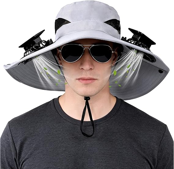 Solar-Powered Dual-Fan Sun Hat – UPF 50+ Wide-Brim Outdoor Hat with 2 USB/Solar Rechargeable Fans, Adjustable Strap, Breathable Mesh, for Fishing, Hiking, Beach & Gardening; Unisex Cooling Cap with 800mAh Battery (Grey)