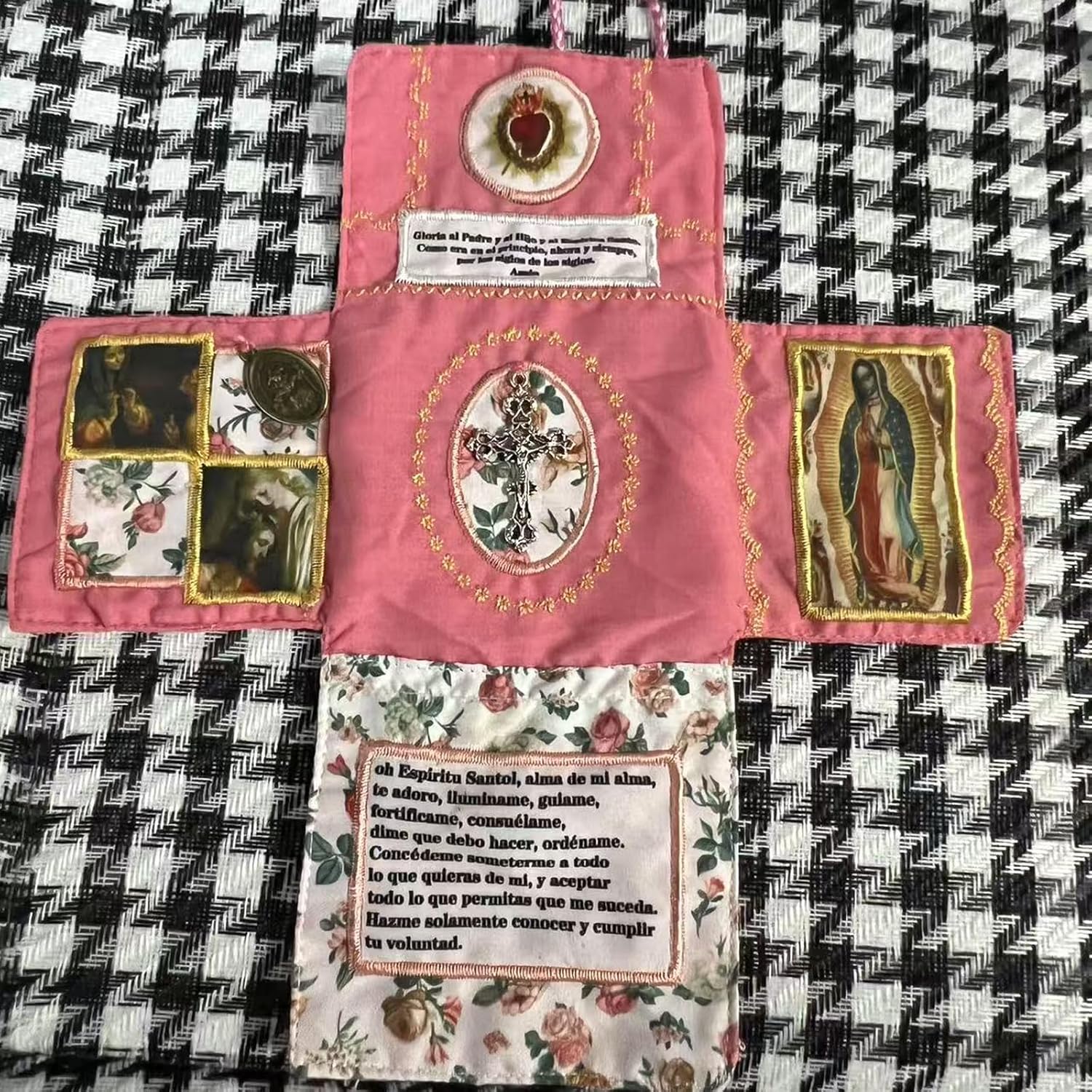 Mini Handcrafted Catholic Pocket Shrine – Foldable Prayer Altar with Silver Cross, Religious Art & Embroidered Prayers, Portable Faith Companion, 6.5 x 5.5 Inches (Pink)