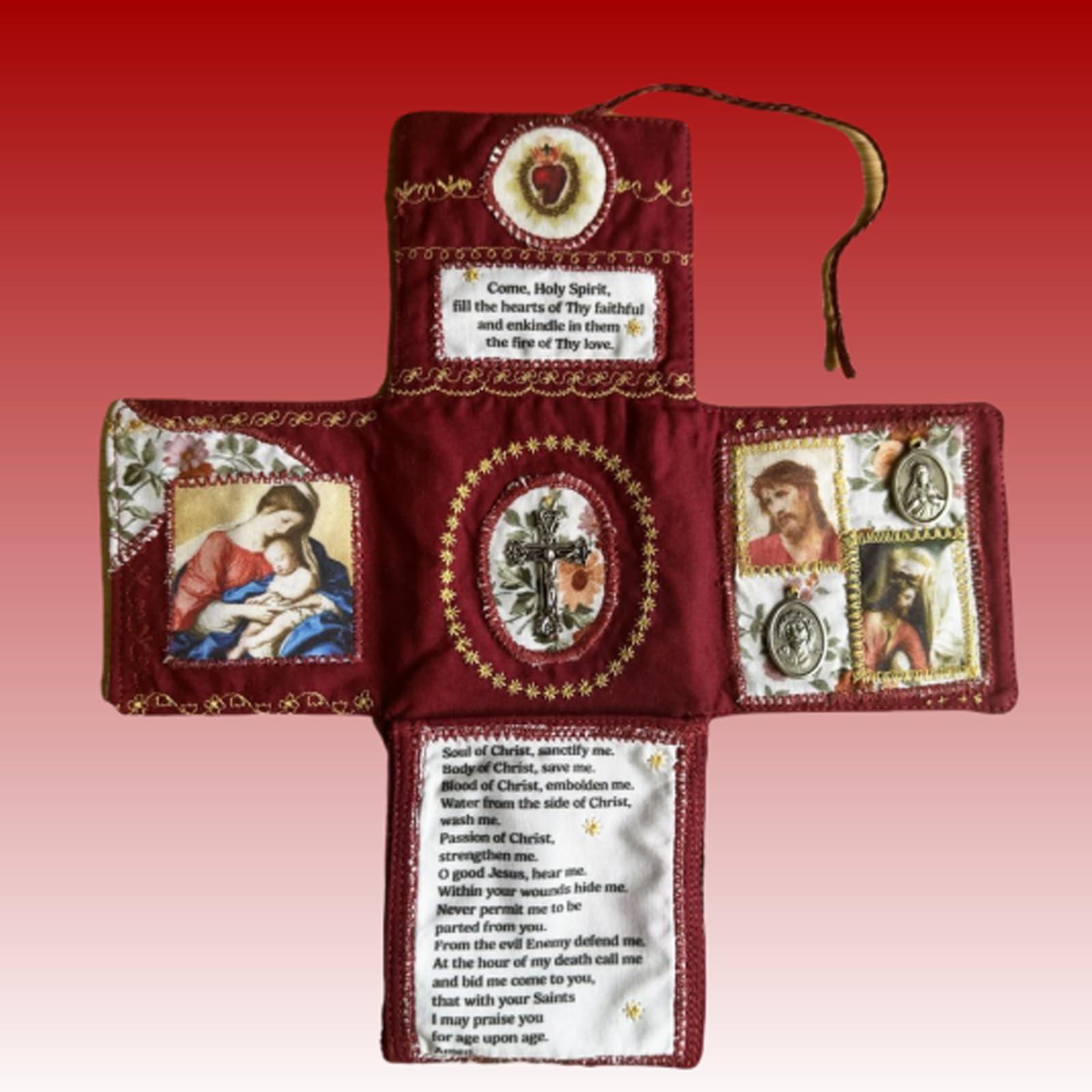 Mini Handcrafted Catholic Pocket Shrine – Foldable Prayer Altar with Silver Cross, Religious Art & Embroidered Prayers, Portable Faith Companion, 6.5 x 5.5 Inches (Red)