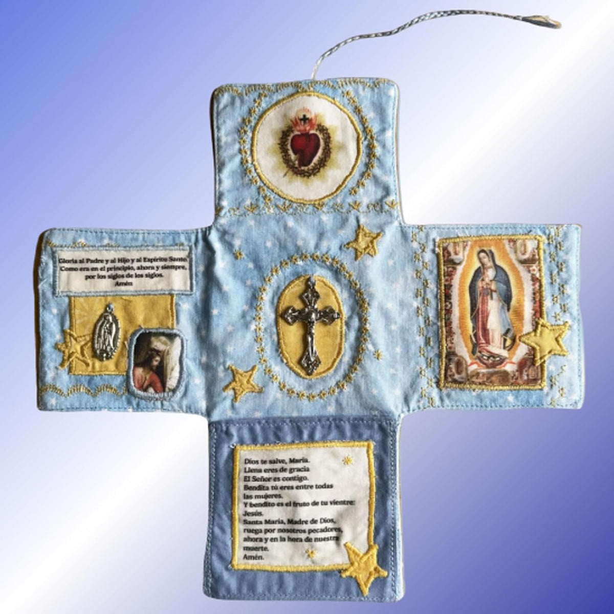 Mini Handcrafted Catholic Pocket Shrine – Foldable Prayer Altar with Silver Cross, Religious Art & Embroidered Prayers, Portable Faith Companion, 6.5 x 5.5 Inches (Blue)