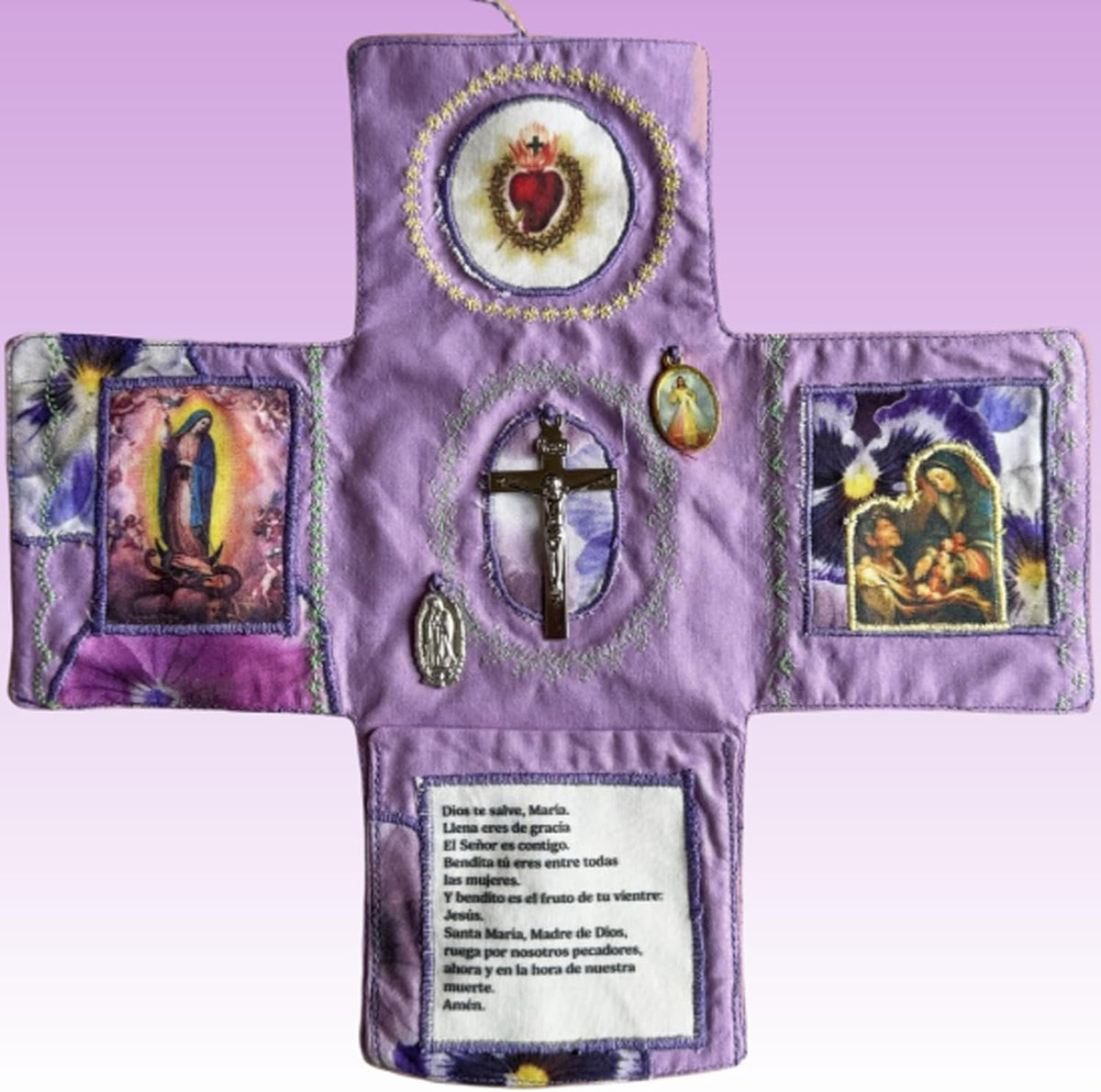 Mini Handcrafted Catholic Pocket Shrine – Foldable Prayer Altar with Silver Cross, Religious Art & Embroidered Prayers, Portable Faith Companion, 6.5 x 5.5 Inches (Purple)