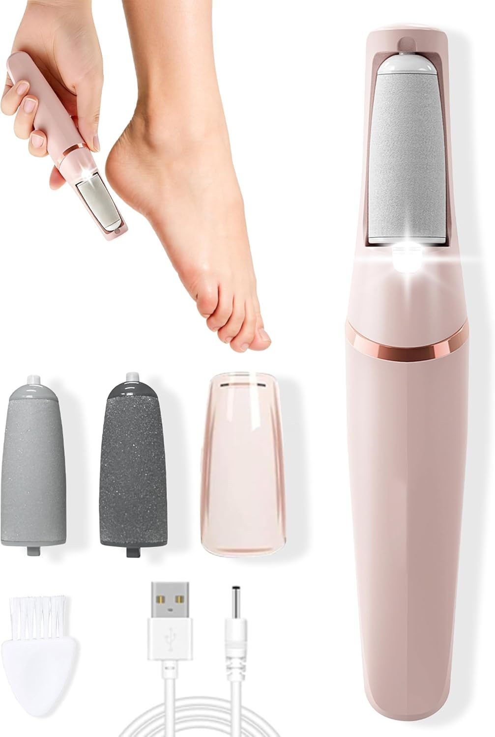 Electric Foot Care File with 2 Adjustable Speeds, 2 Interchangeable Grinding Heads, LED Light, USB-Rechargeable Design, Compact Handle, Safe for Routine Home Use (Pink)