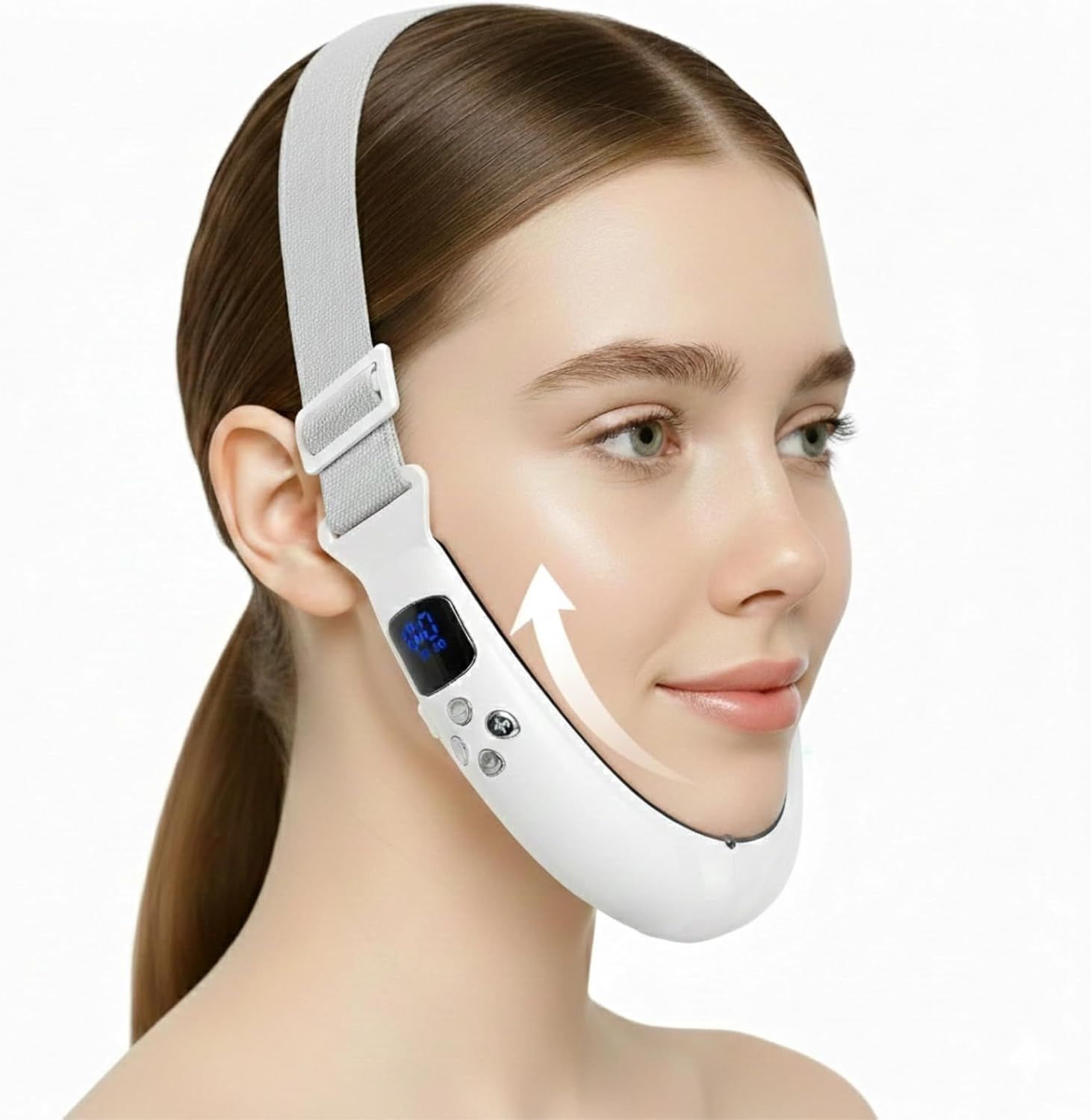 V-Face Contouring Band with Adjustable Strap, LCD Display, 8 Skin Comfort Modes, 15 Intensity Levels, Soft Silicone Contact Surface, Breathable Design, Rechargeable for Daily Facial Routine (White)