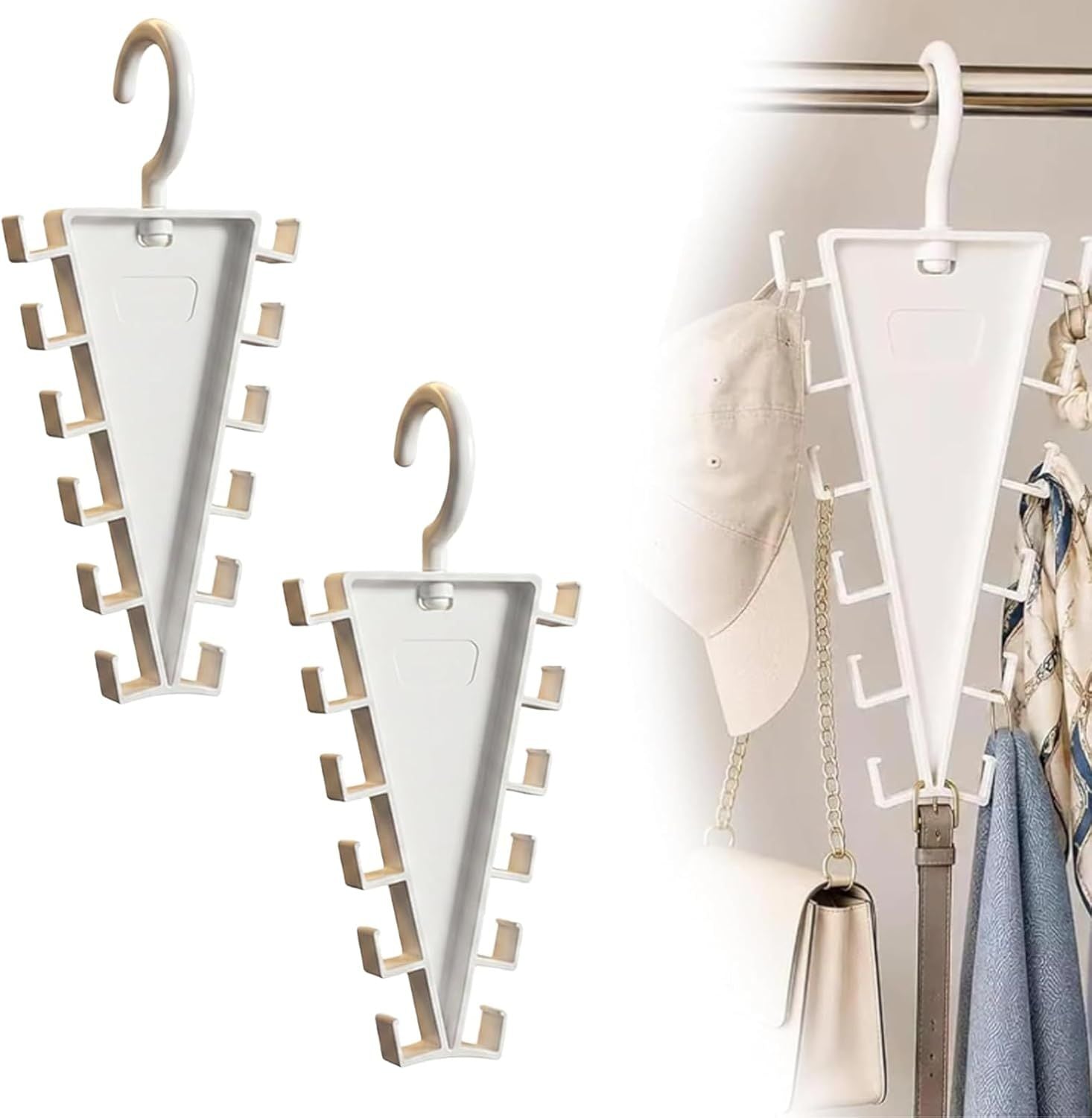 2-Pack V-Shaped 360° Rotating Closet Organizer with 12 Hooks for Hats, Bags & Scarves, Space-Saving Wardrobe Hanger (White)