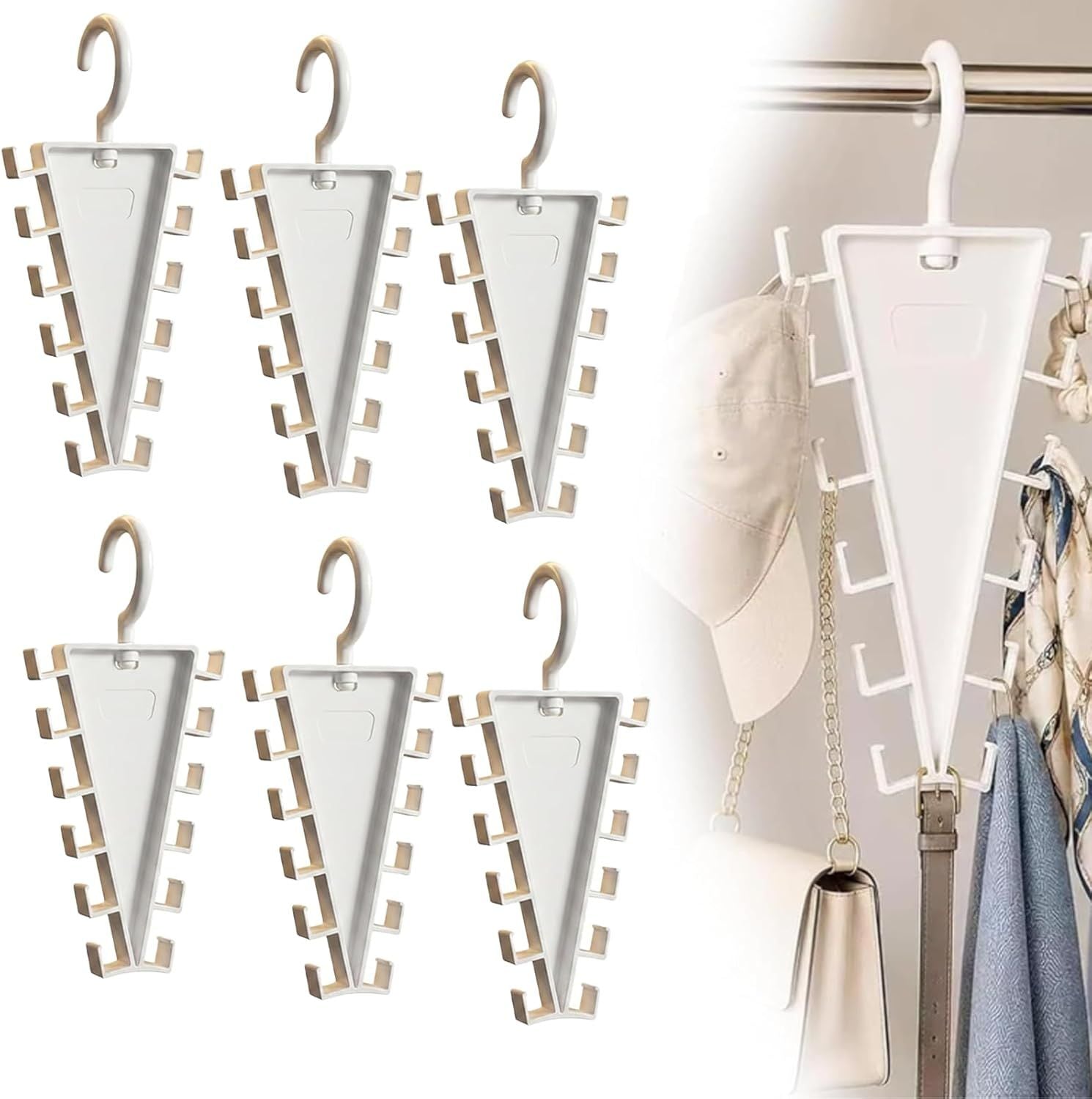 6-Pack V-Shaped 360° Rotating Closet Organizer with 12 Hooks for Hats, Bags & Scarves, Space-Saving Wardrobe Hanger (White)