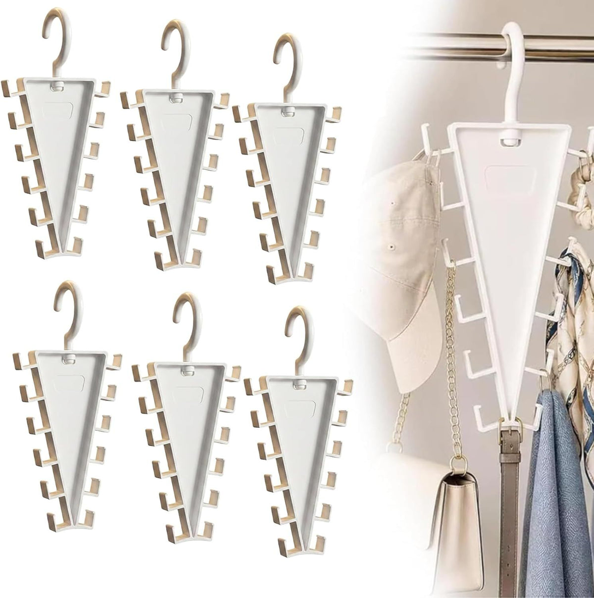 6-Pack V-Shaped 360° Rotating Closet Organizer with 12 Hooks for Hats, Bags & Scarves, Space-Saving Wardrobe Hanger (White)