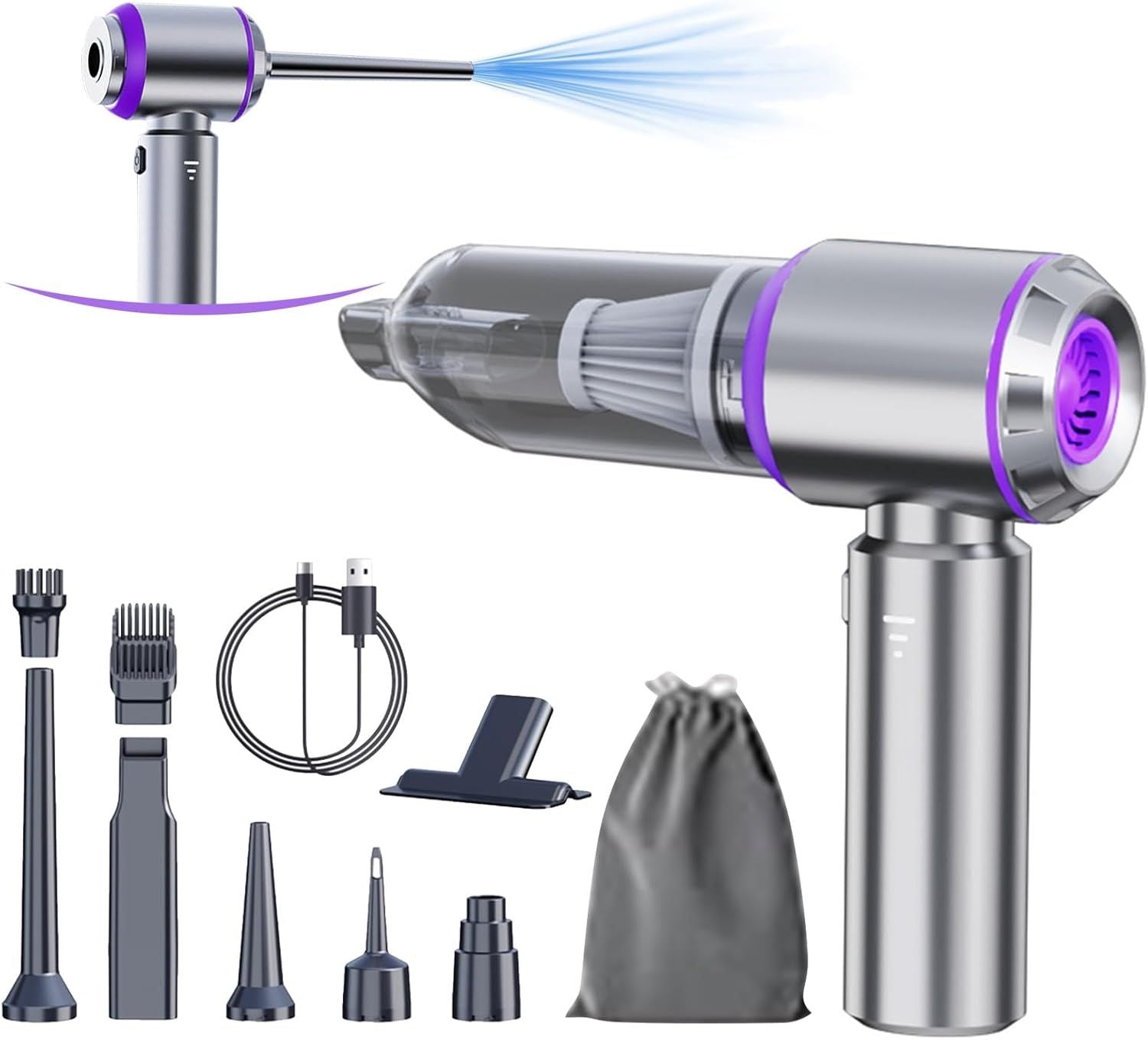 Cordless Handheld Vacuum & Air Duster with Dual Suction/Blow Modes, Transparent Dust Cup, USB-C Charging, and 7 Interchangeable Nozzles for Car, Keyboard, and Home Cleaning (Grey)